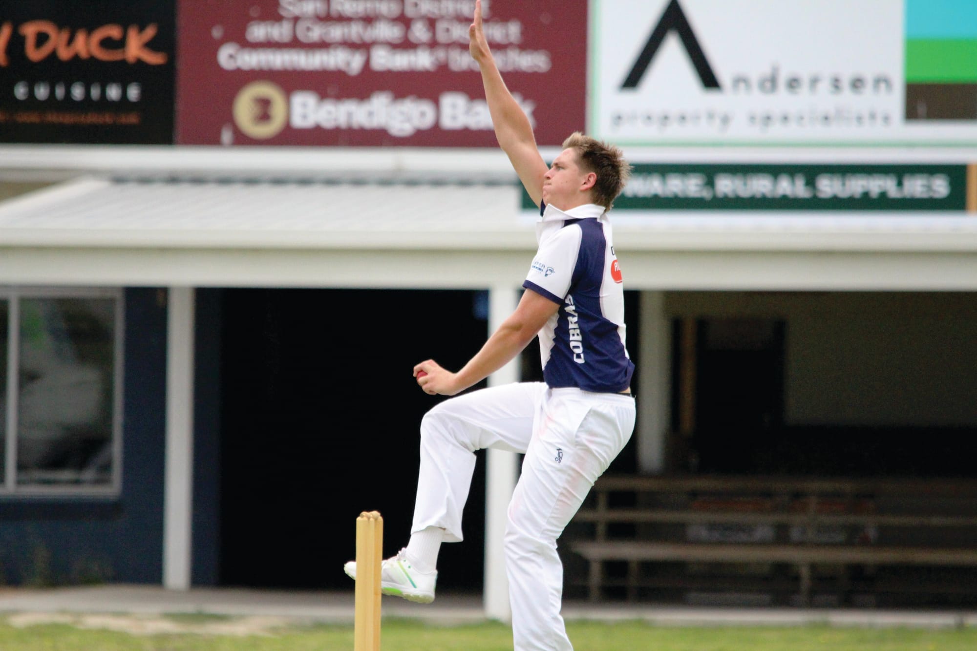 Korumburra quick Jacob Whiteside steams in at the Bass Recreation Reserve on Saturday. B11_0923