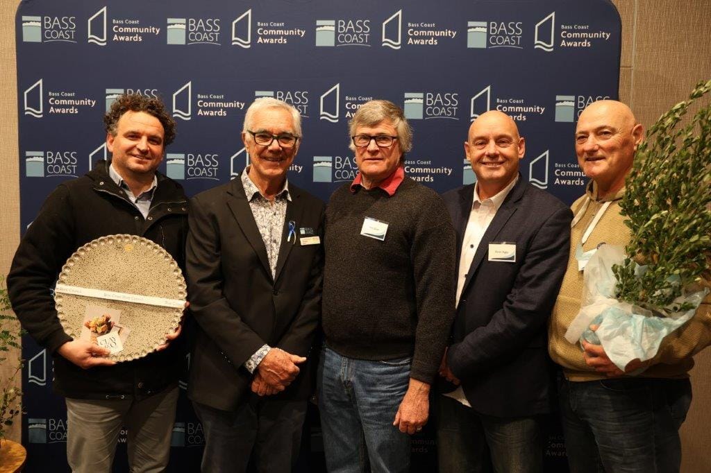 The Wonthaggi Boxing Club won the Bass Coast Community Group of the Year award, represented by Cade Zun, Steve Dunn, Aaron Rigby and Terry Earl with, second left, Bass Coast Mayor Cr Michael Whelan.