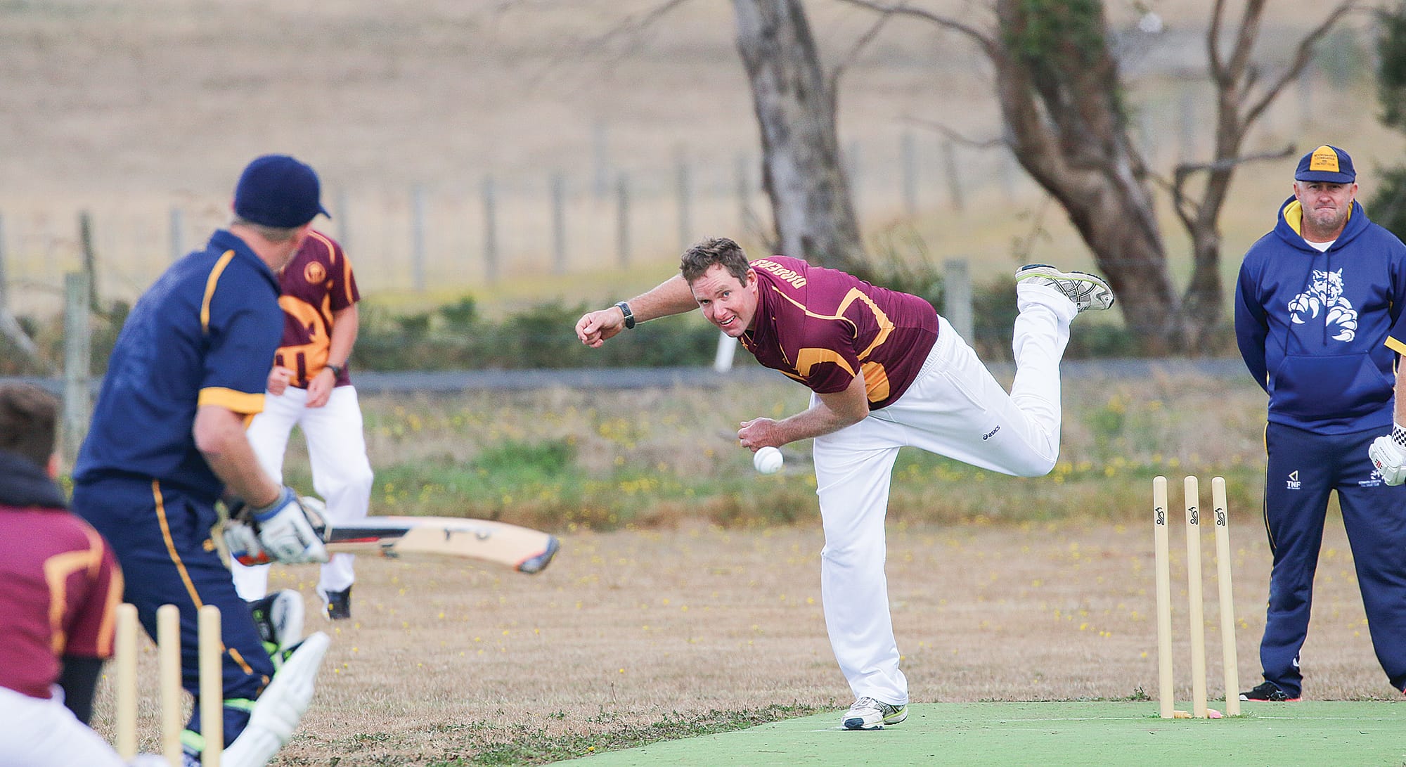 OMK bowler Patrick Jobling sends down the delivery that would dismiss Koonwarra L/RSL’s opening batsman Shane Paterson for eight runs. The catch was taken by Mathew Walker. Tk03_0725