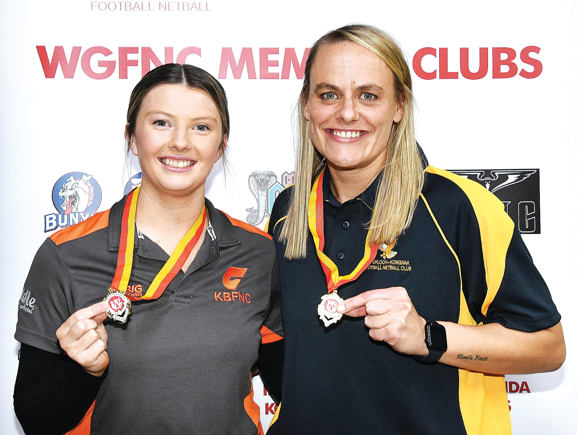 Dual A Grade best and fairest winners Gemma Dixon from Korumburra-Bena and Renee Pilkington from Inverloch-Kongwak.