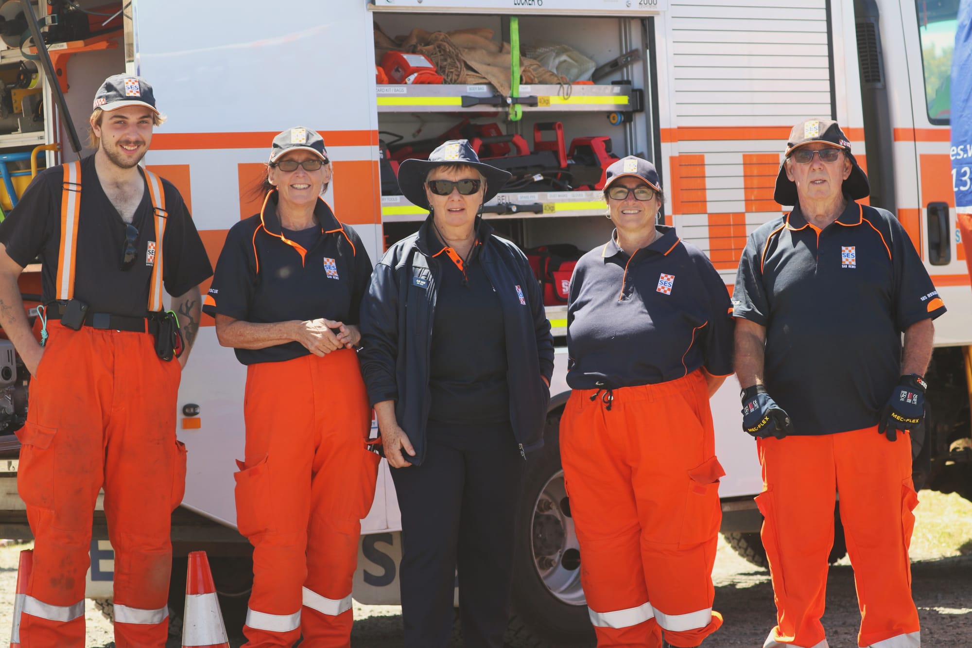 SES volunteers Flynn Swanwick, Mandy Chancellor, Elise Biggs, Lina Esposito, and Rod Legg at the 2024 Kilcunda lobster festival. 