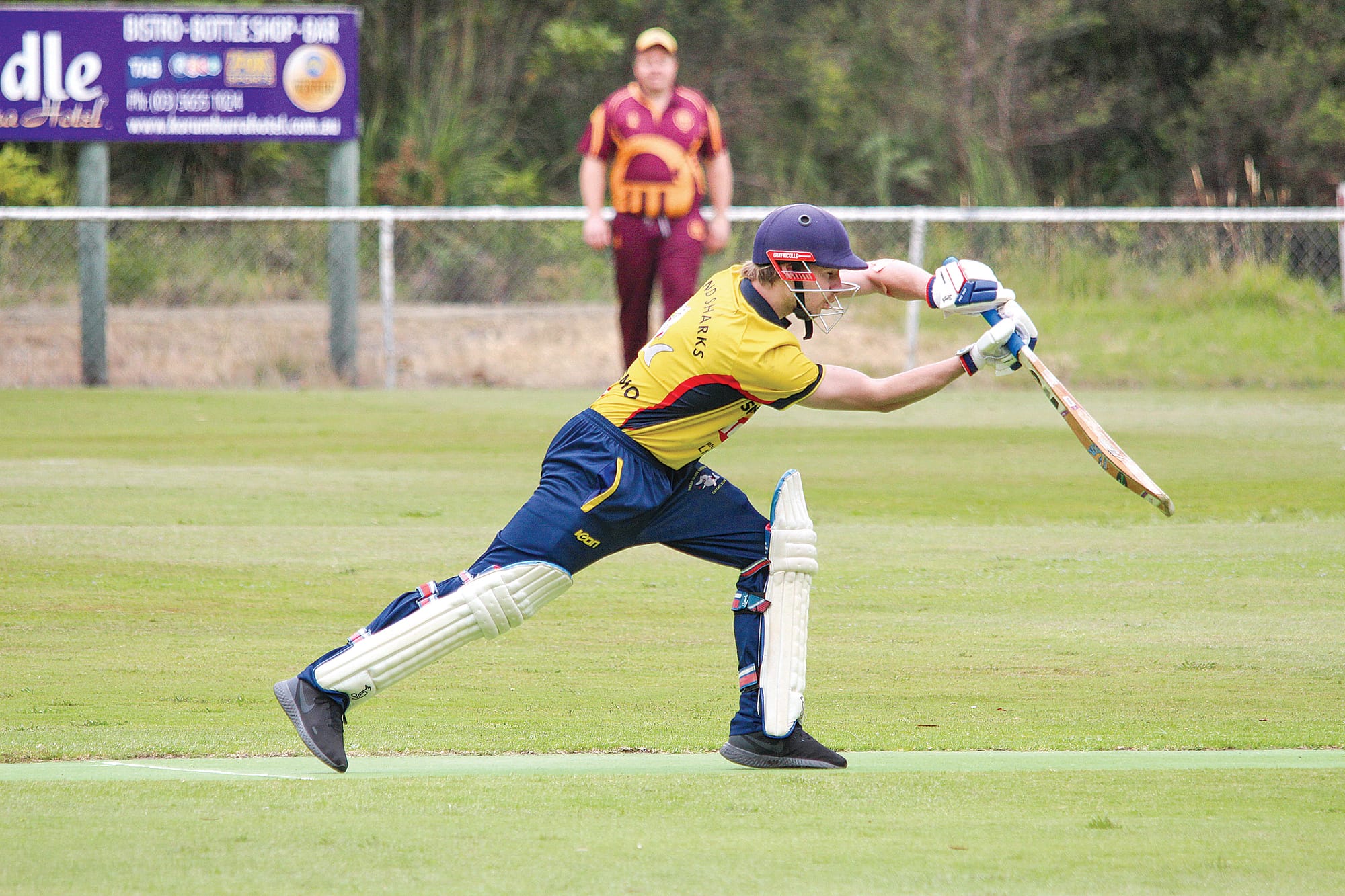 Jack Keating plays a shot on the front foot for Phillip Island in their win over OMK. B11_5122