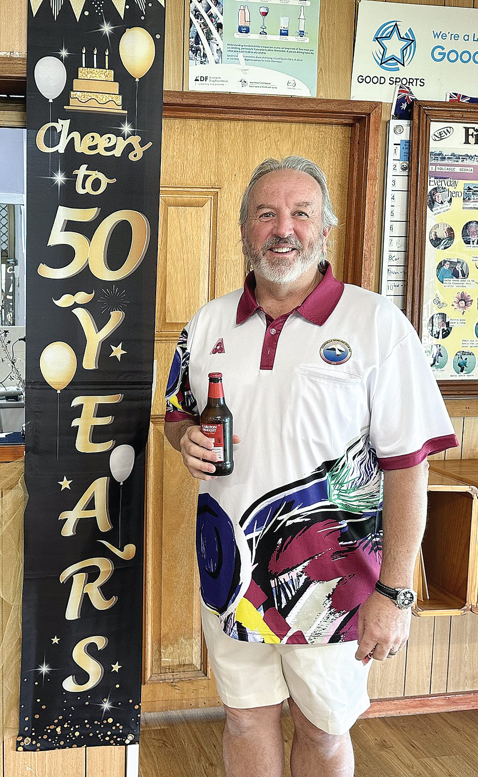 Steve Bray, President of the Corinella Bowling Club celebrating their fiftieth anniversary on the weekend. ob28_4123
