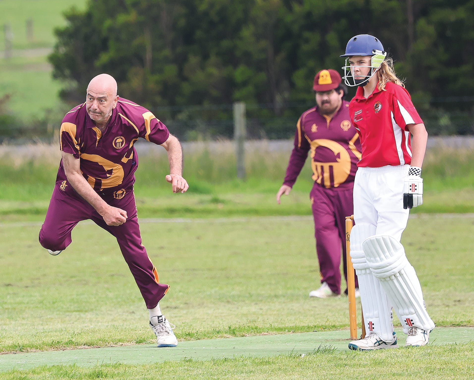 OMK’s George Lomagno bends his back with out a great deal of success against Nerrena in B Grade Division 2 on Saturday.