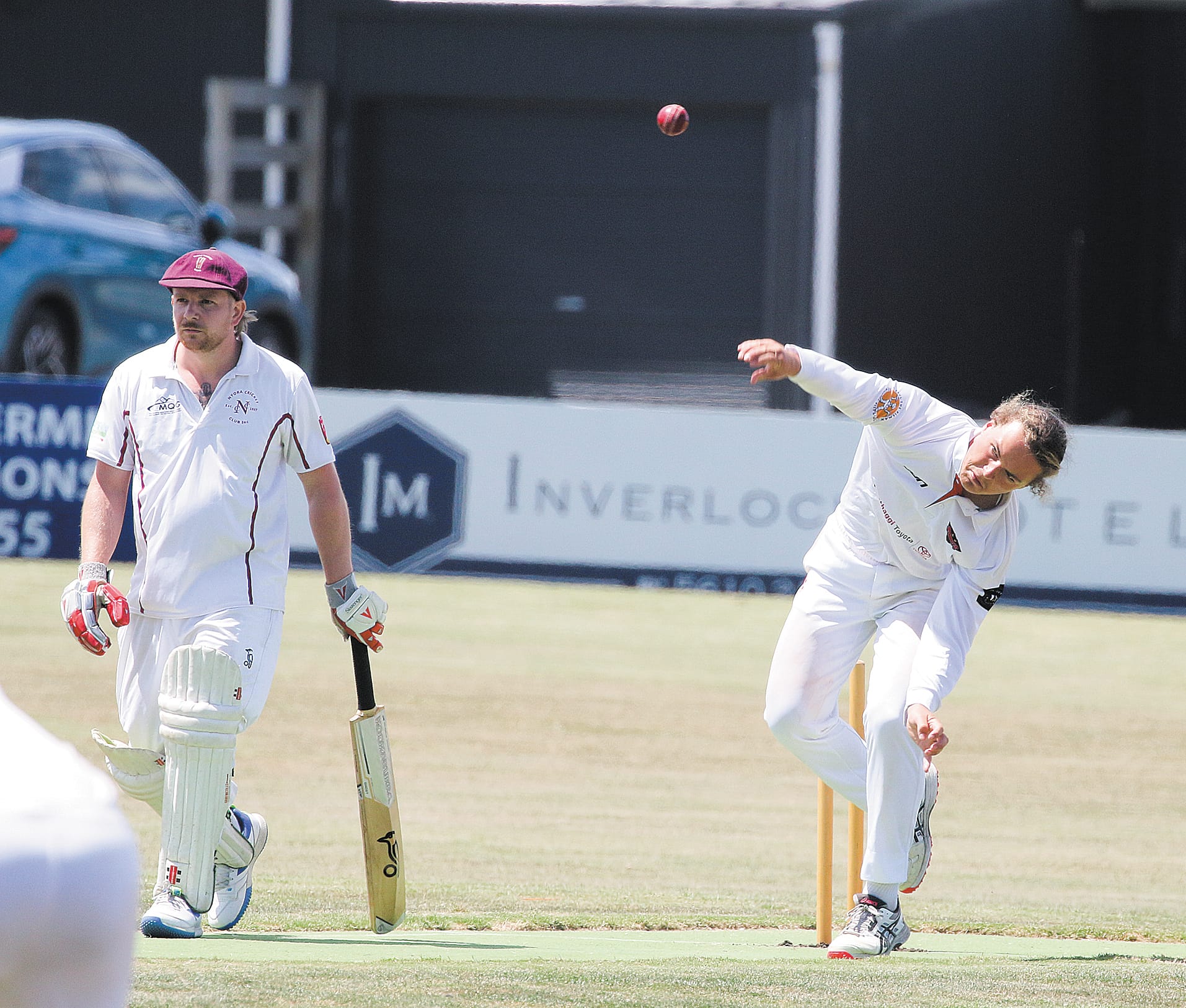Inverloch bowler Archie Terlich bowls to Nyora’s Ben Pugh.