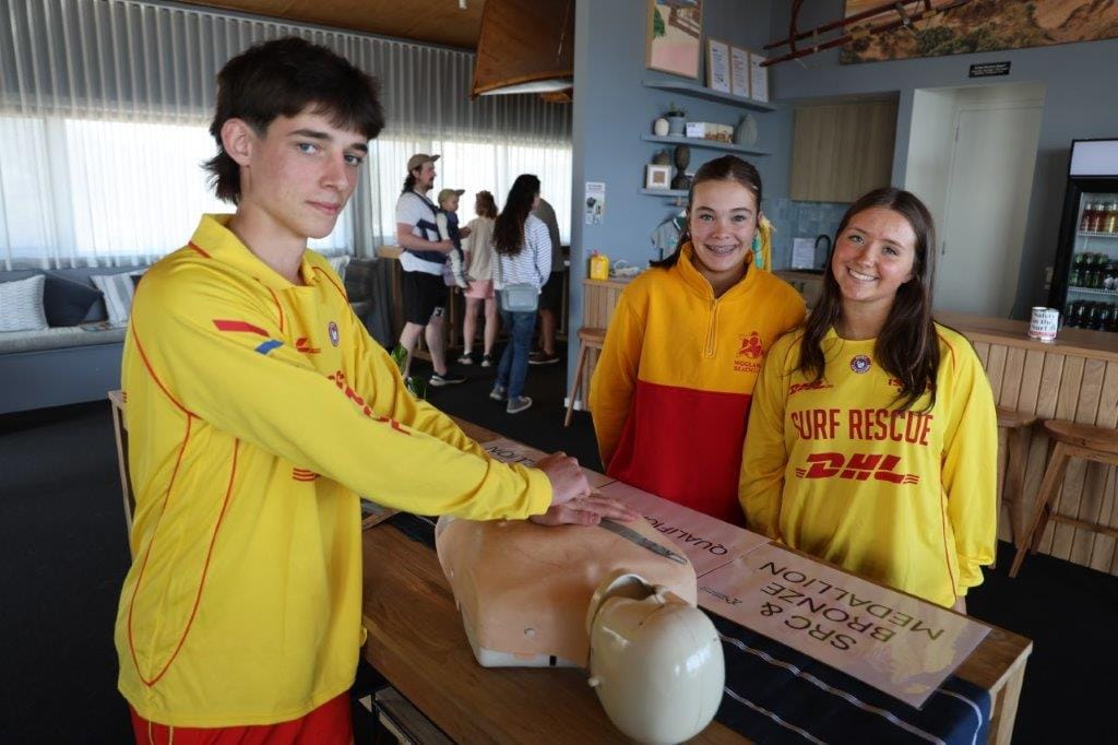 Young Woolamai Beach SLSC patrol members Felix Thompson, Maya Drohomirecki and Mia Davies, who completeed their surf bronze last summer were on hand to provide some lifesaving demonstrations at an open day on Friday of the grand final long weekend.