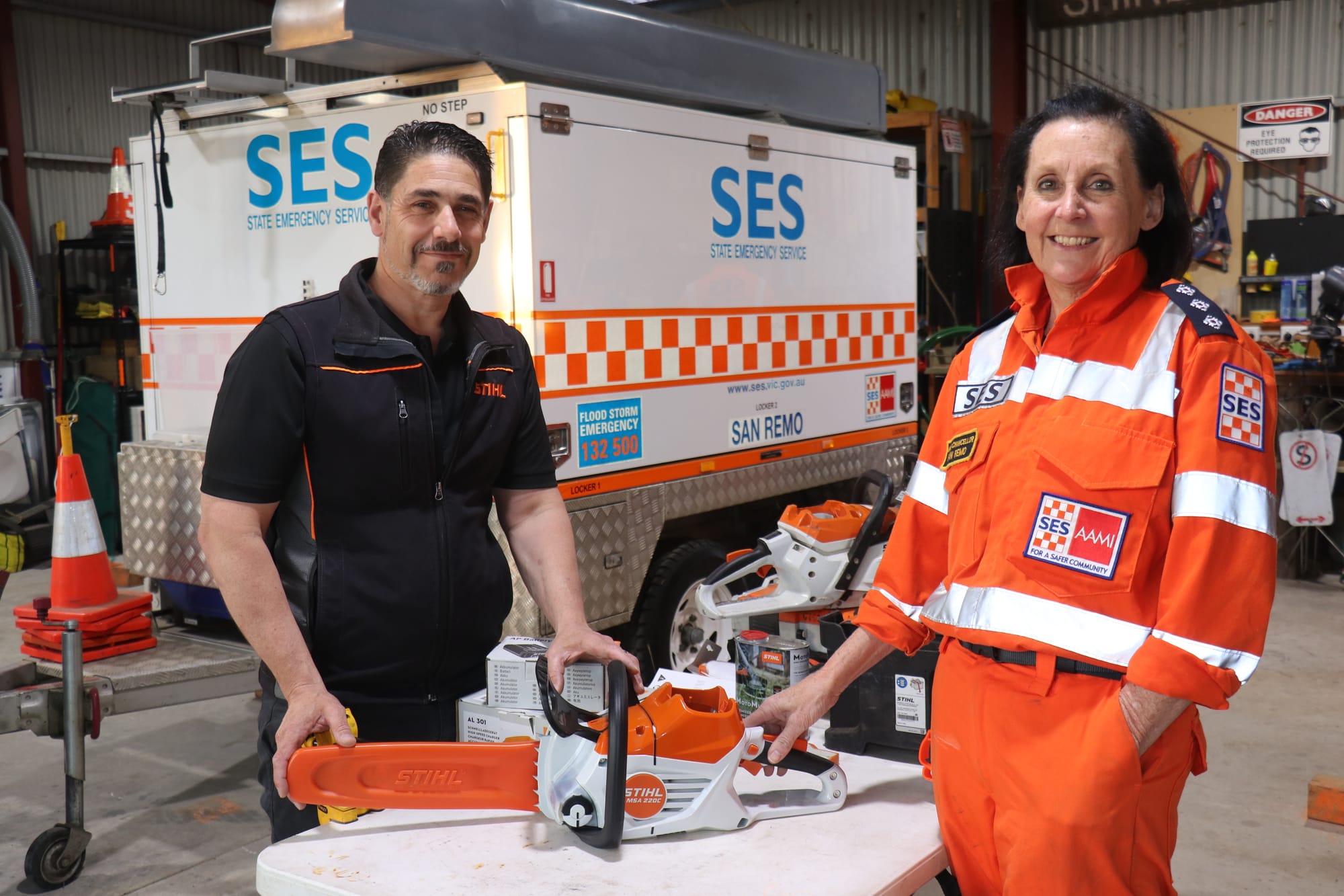 With new equipment and a growing team, the San Remo SES unit are well prepared to serve their community through the next season. L to R: Technical training manager for Stihl, Steve Gallyot and San Remo SES Unit Controller Mandy Chancellor.