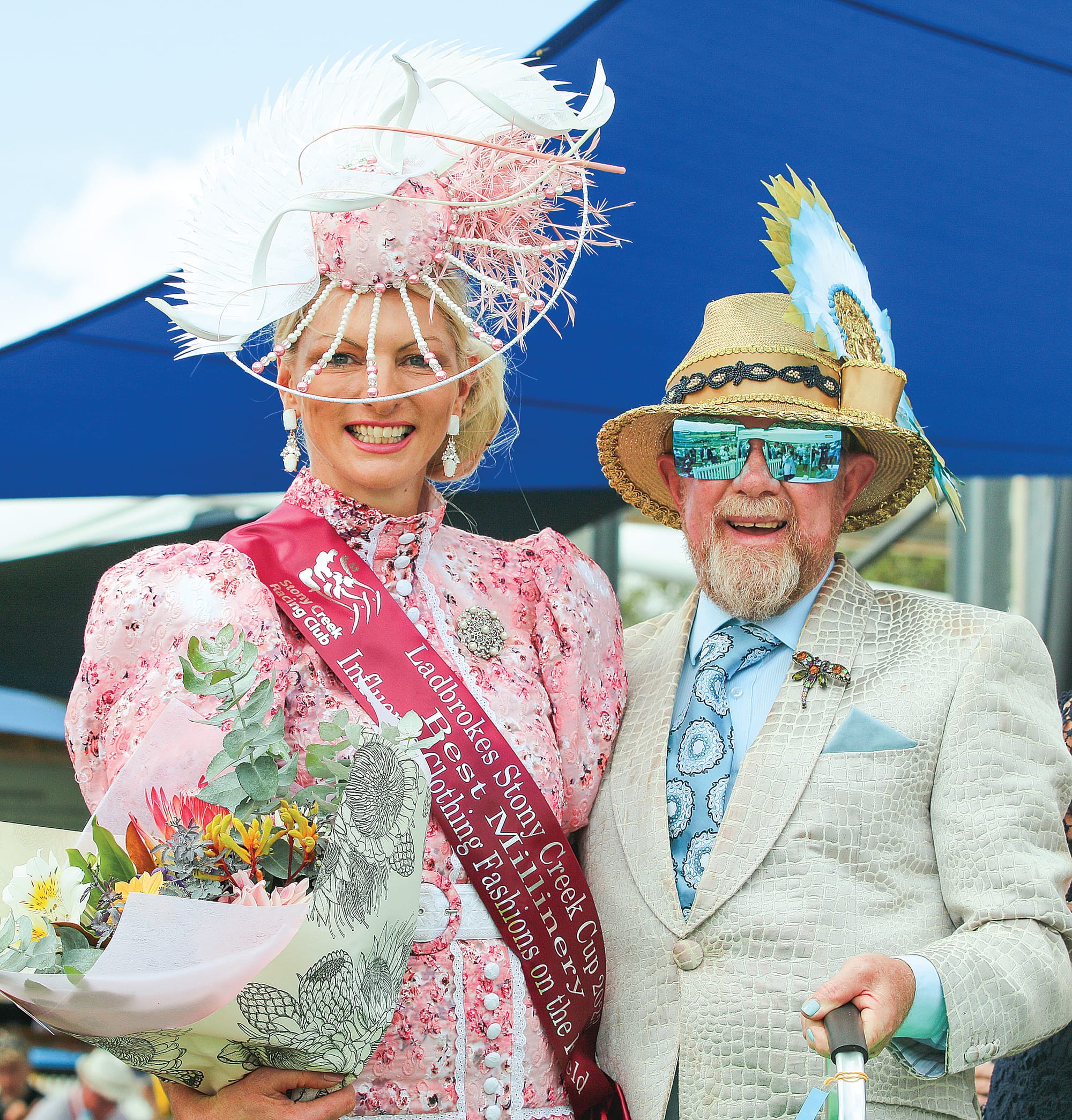 Fashions on the Field Best Millinery winner Karlie Owen with master Milliner Peter Jago. C48_1123