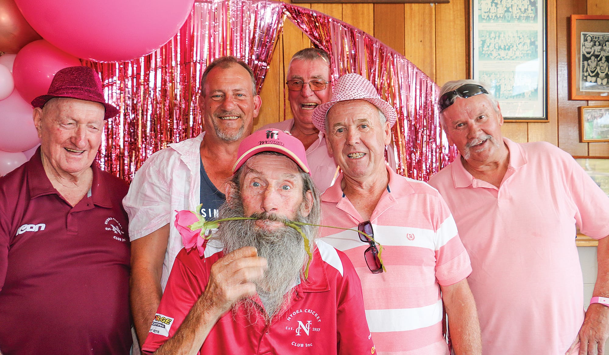 Wilbur Collis, Dave Howarth, Shane Hume, Daryl Smith, Hoss Grenstein and Freddy Challis enjoyed the Pink Stumps Day at Nyora Cricket Club on Saturday afternoon. Tk08_0825