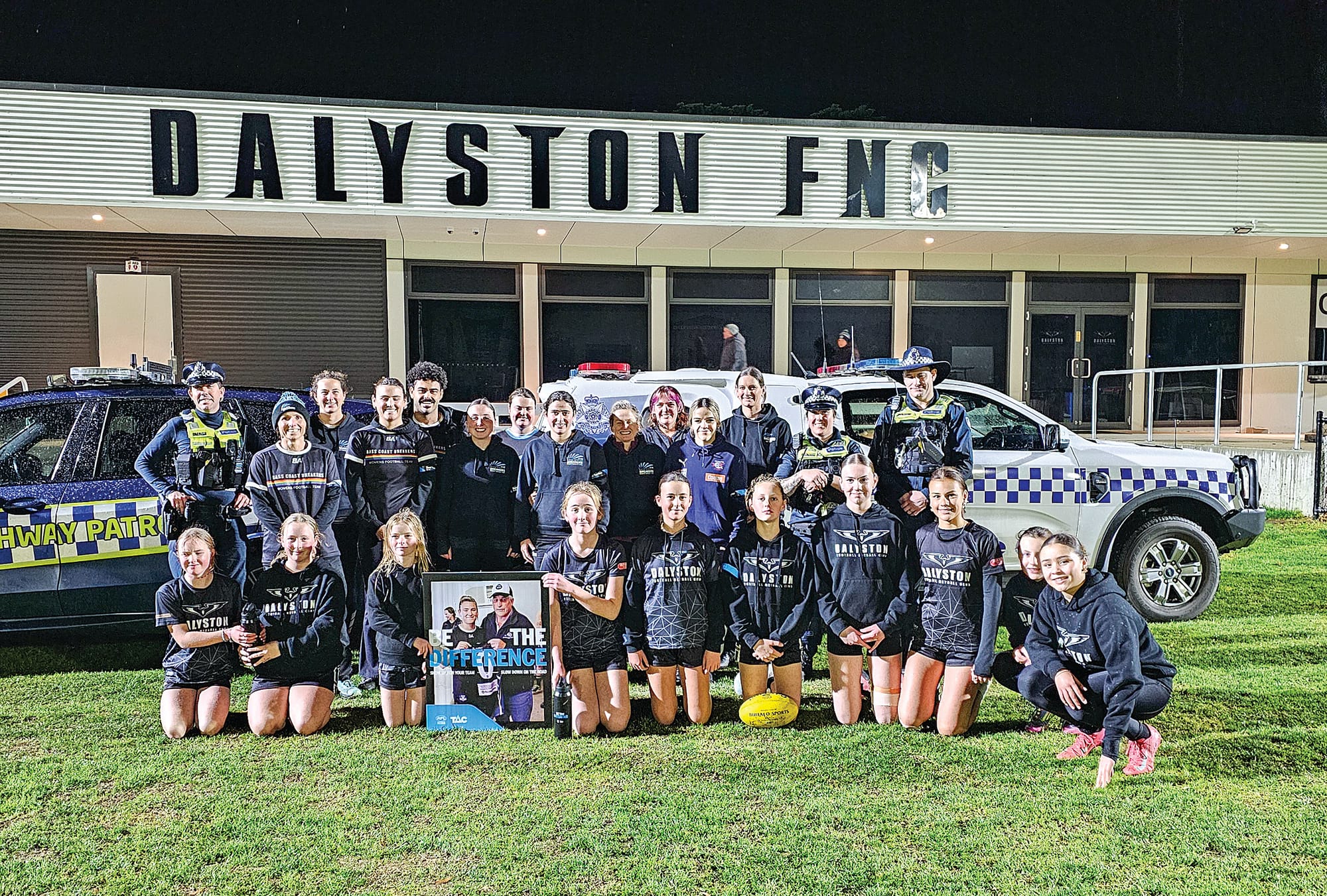 Bass Coast Police joined the Breakers and Dalyston Under 14 girls on Wednesday evening as part of the road safety awareness campaign. 