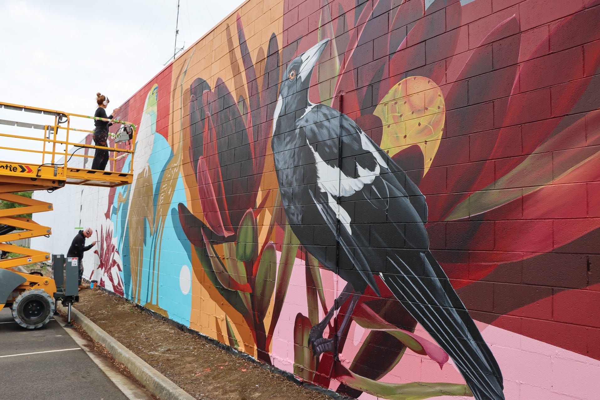 The new mural takes shape in Leongatha with artist Melanie Caple and her assistant seizing the opportunity to work during a rain-free period. A24_0424