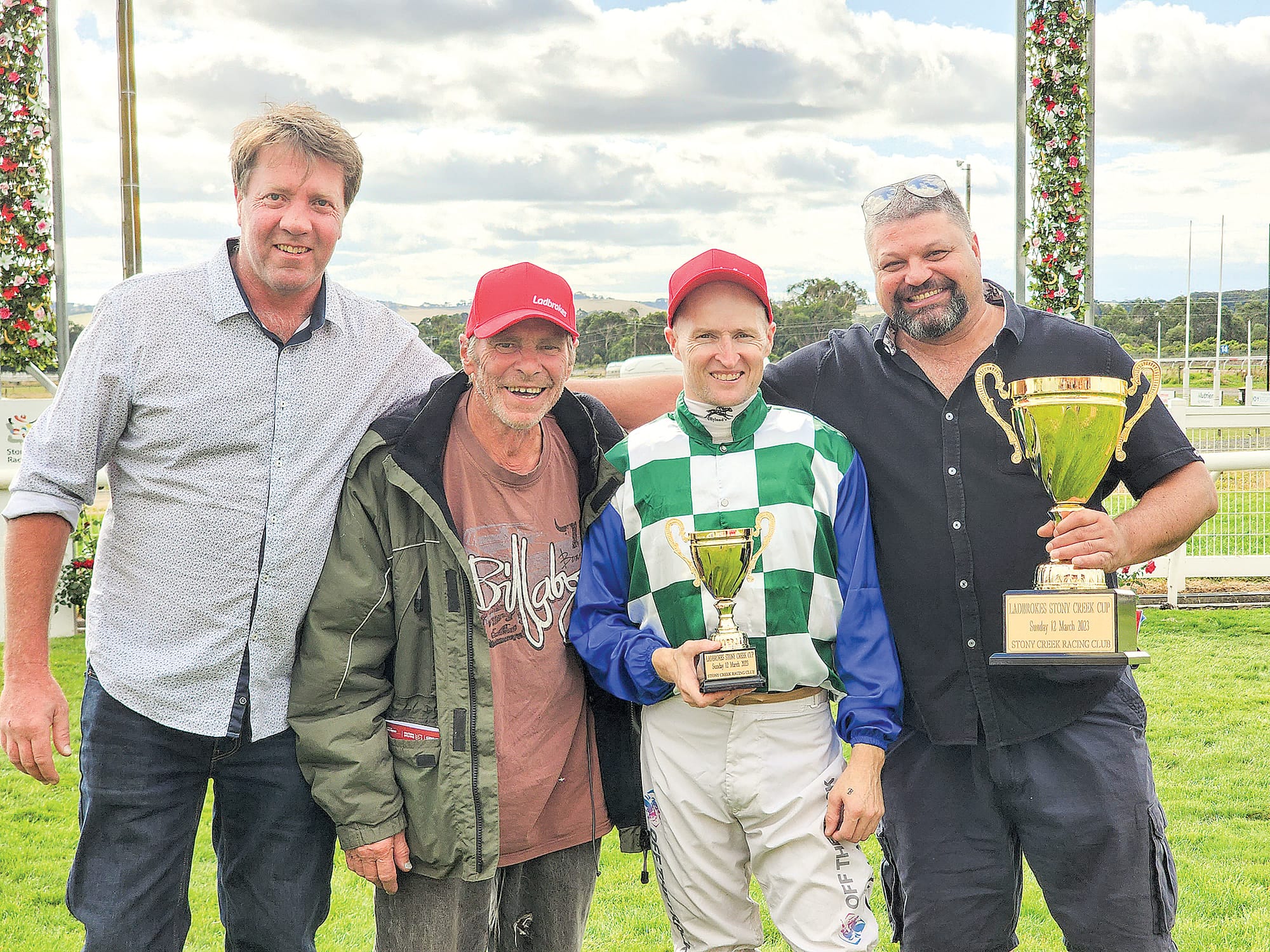 It was all smiles from the Ladbrokes Stony Creek Cup owners and jockey as Flambeur took home the race with an impressive lead. From left, Peter Harrington, Peter Bonnett, Craig Newitt and Glenn Deoki. C46_1123