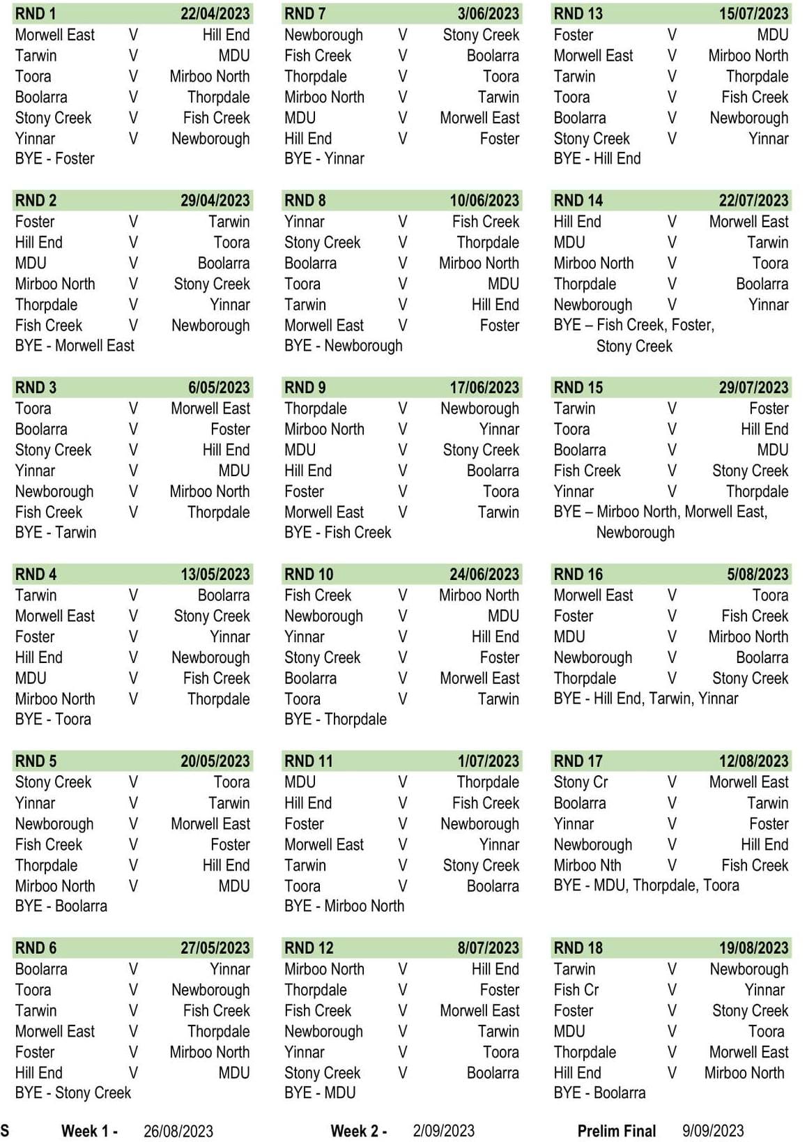 The 2023 Mid Gippsland Football Netball League fixture.