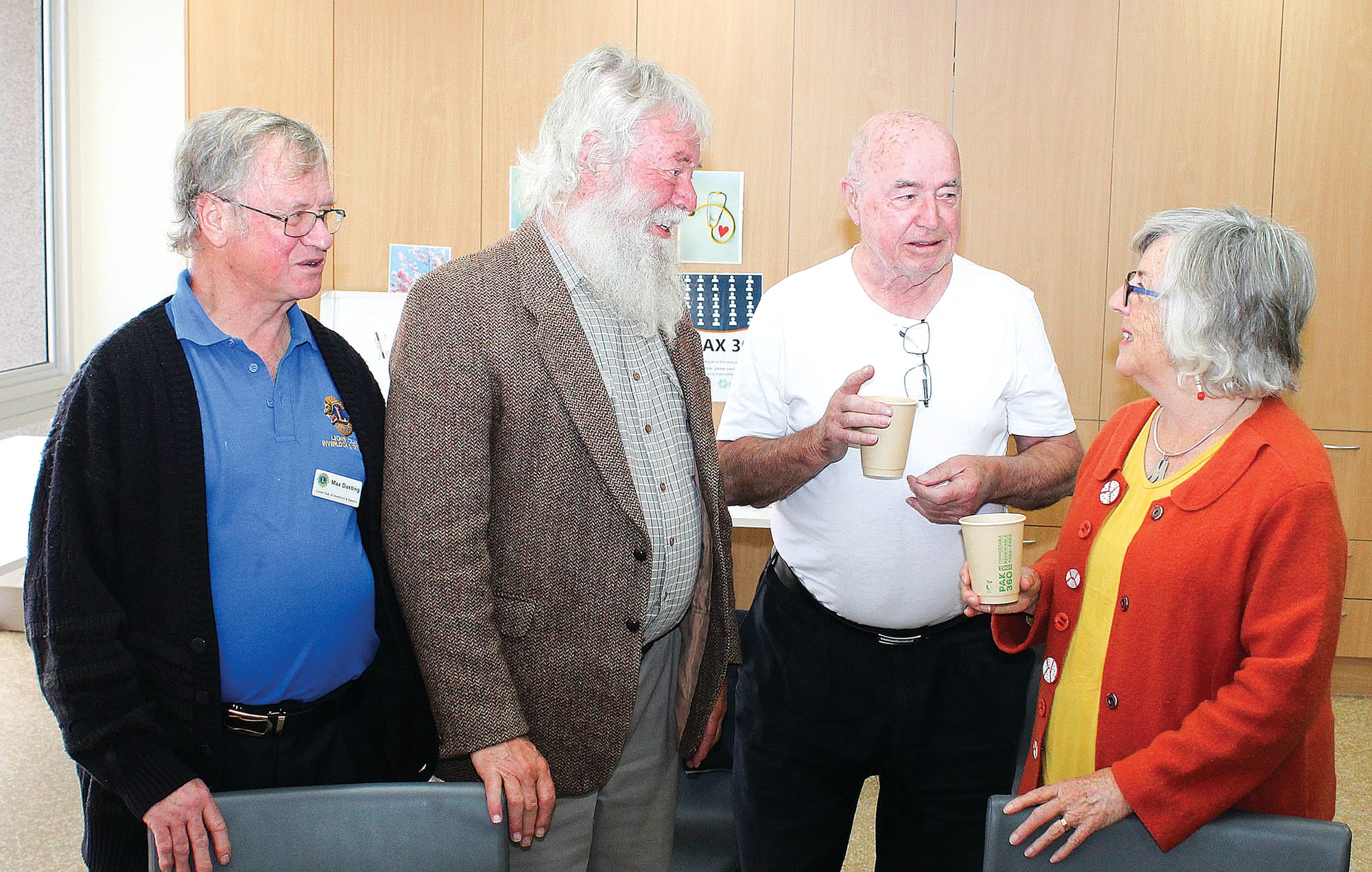Inverloch Lions Club’s Max Dusting, donor Neville Drummond, Inverloch Fundraising Auxiliary member Klaus Edel and donor Marg Drummond at the afternoon tea.
