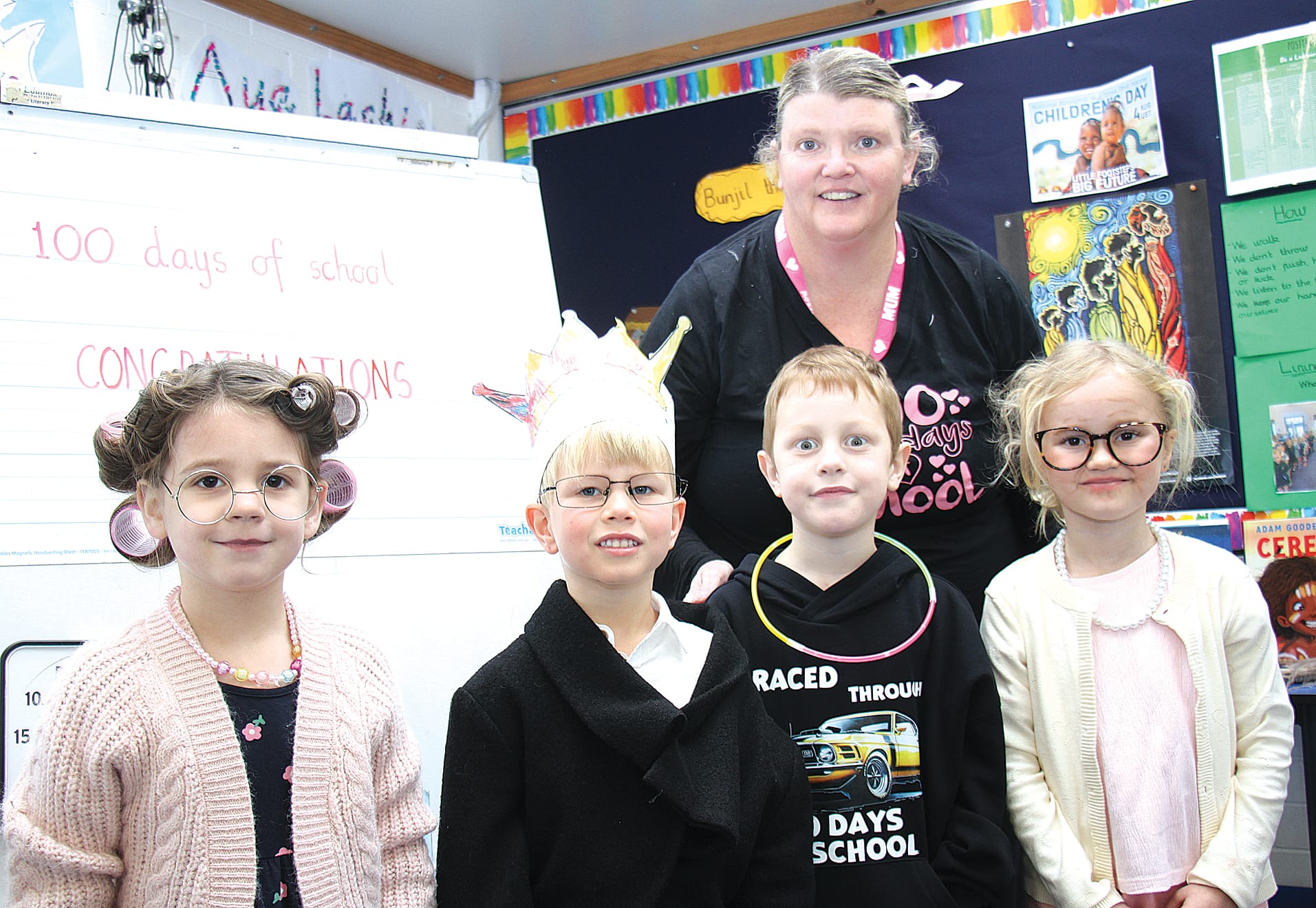 Lily, Jack, Liam and Eilea celebrating 100 days of school at Wonthaggi P.S. with foundation teacher Tammy Grimley B20_3125