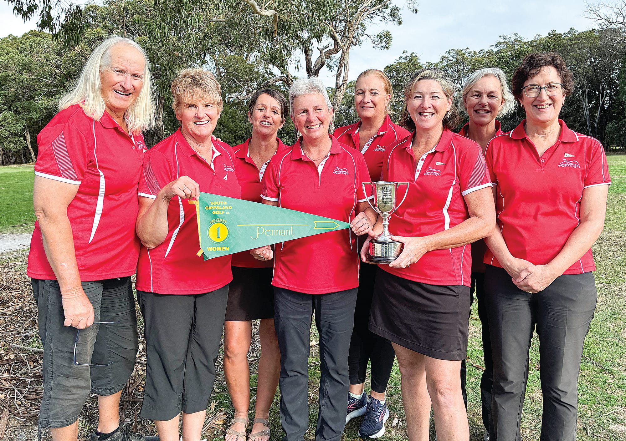 The Korumburra Golf Club broke a 59-year drought last Monday at Leongatha Golf Club and won the 2025 South Gippsland District Golf Association Division One Pennant. They are, from left, Johanna van den Heilgenberg, Heather Grist, Shelley Snooks, Kerry Besley, Trudy Mantell, Merrissa Cosson, Julie Hillberg and Lynn McIvor.