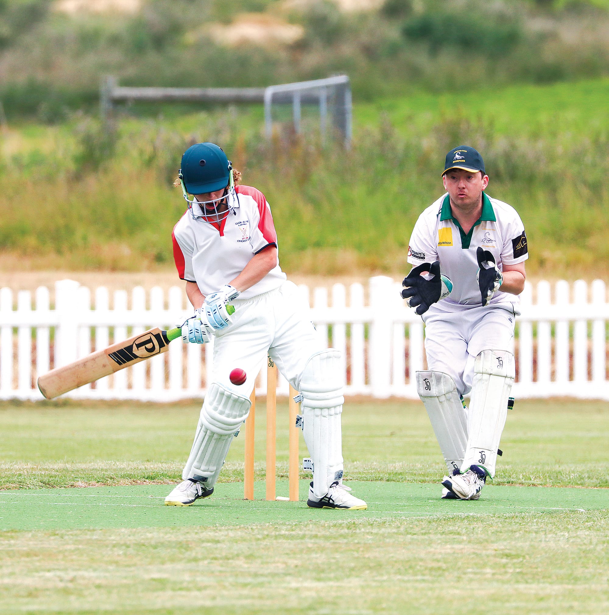 Harvey Smith shapes to play an aggressive shot for Glen Alvie against Leongatha Town, finishing with 43 runs. A22_4624