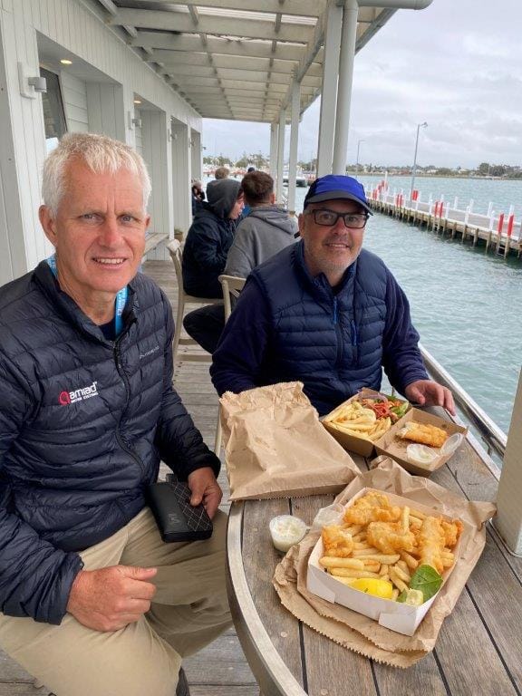 Great Bike Ride visitors Richard James and Kym Miles weren't going to miss out on a fish'n'chip dinner on the wharf at Port Albert despite the fact that the weather derailed plans for an overnight stop in the town. The verdict?