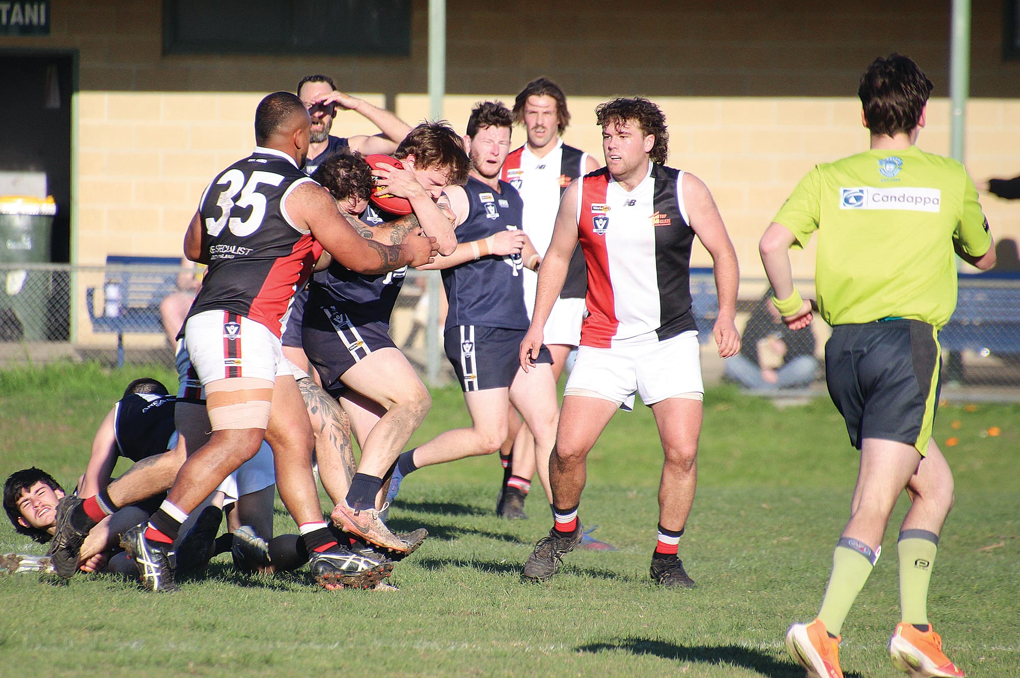 Jordan Anderson was tackled strongly attempting to clear the ball for Nyora