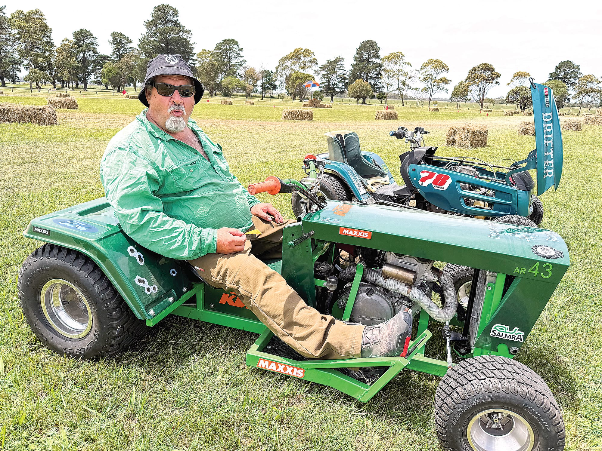 Glen Ford of Malmsbury with his racing lawnmower powered by a KTM 250 SXF racing engine, ready for action at Welshpool on Saturday.