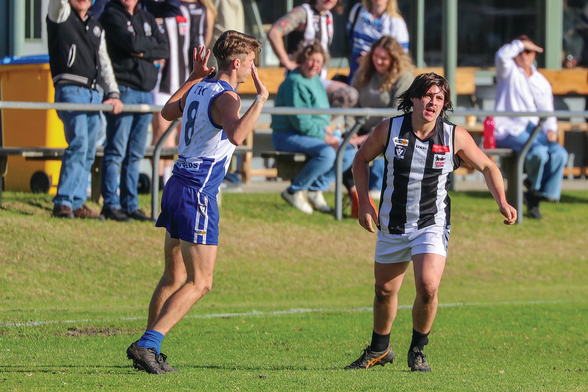Tarwin leader Lachie Jones backs out after an early scuffle, not wanting to give away a free. W24_2725