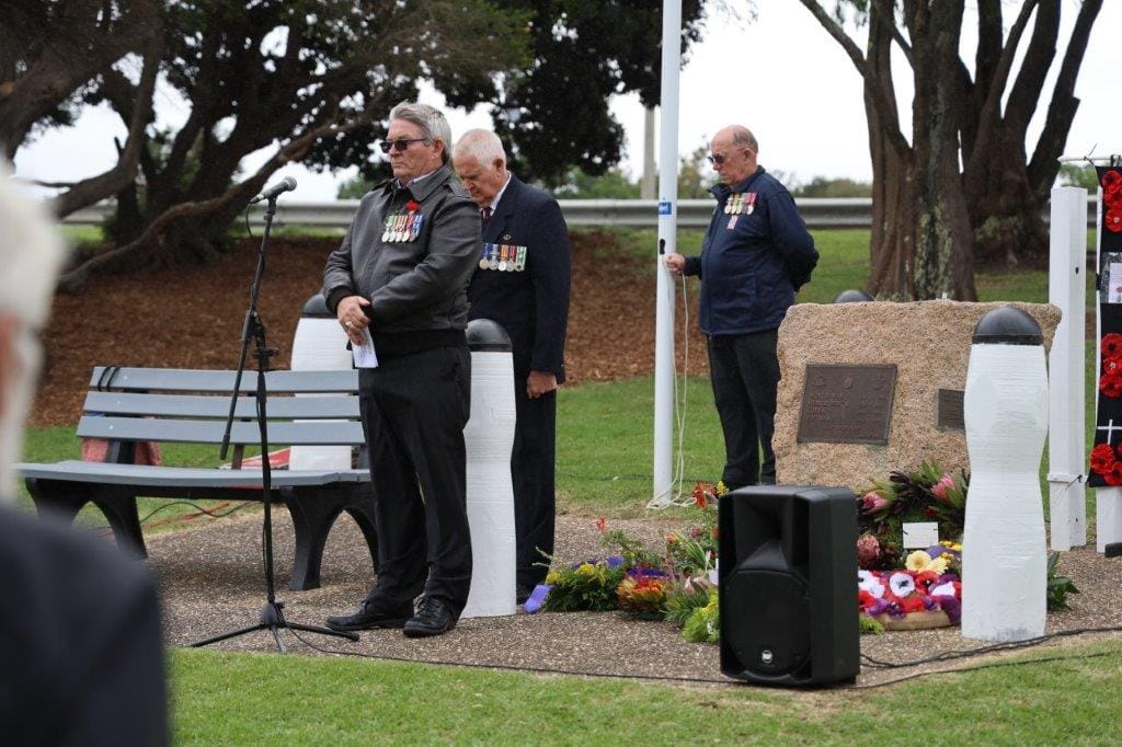 Squadron Leader John Turner recites the ode at San Remo on Anzac Day. “They shall grow not old, as we that are left grow old….