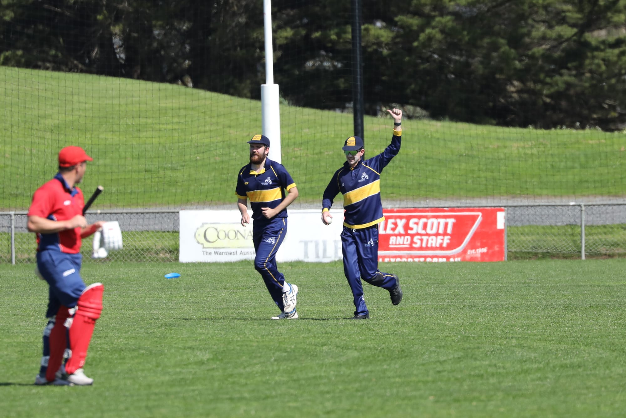 Callum Buckland celebrates the catch which saw an end to Matt Donohue's run.