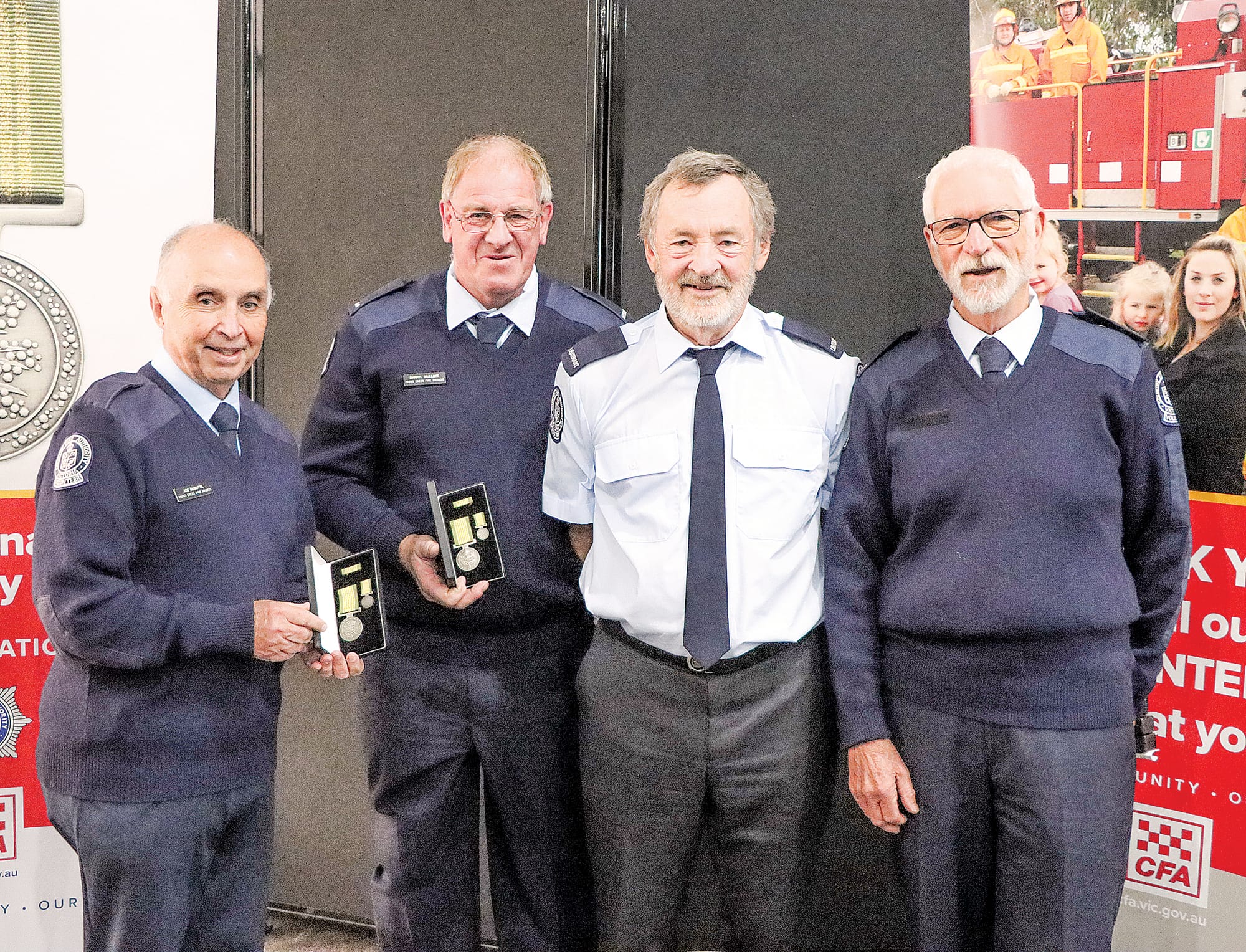 Pound Creek Fire Brigade’s Joe Busuttil, Darryl Mullett, John Dale and Ivan Smith. (Medals were also collected on behalf of Allen Archbold and Jordan Crugnale). A24_1623