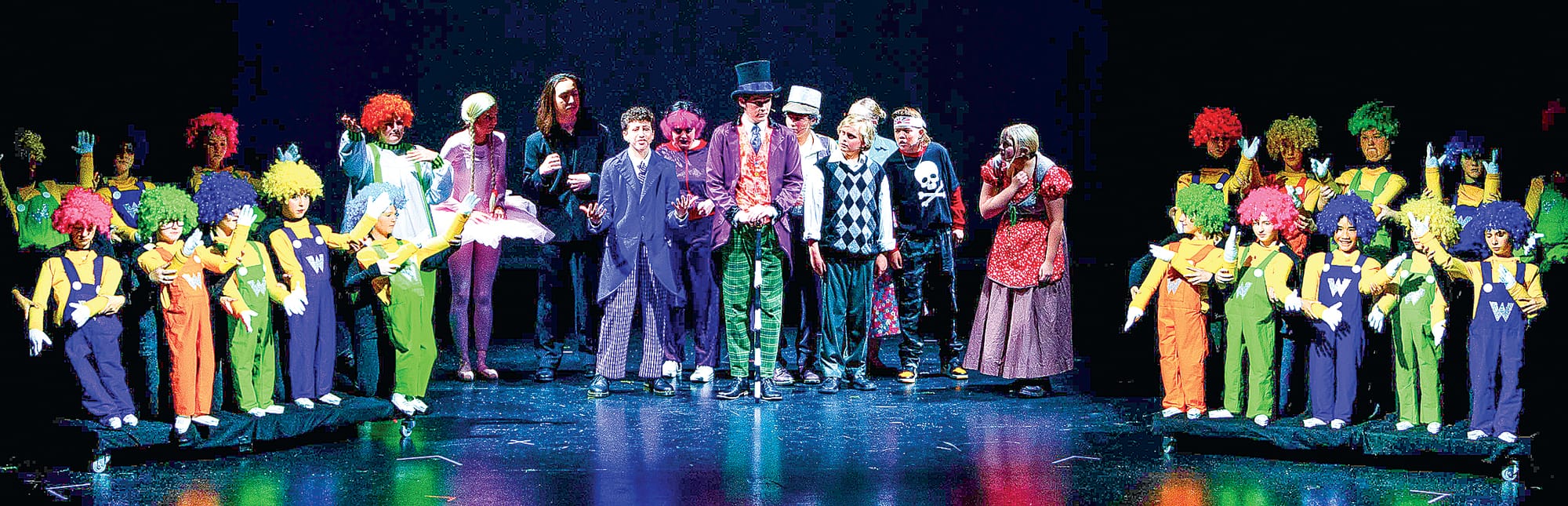 Oompa Loompa ensemble lead by Billy Soumilas (Willy Wonka) Photo: Andrew Hamilton.