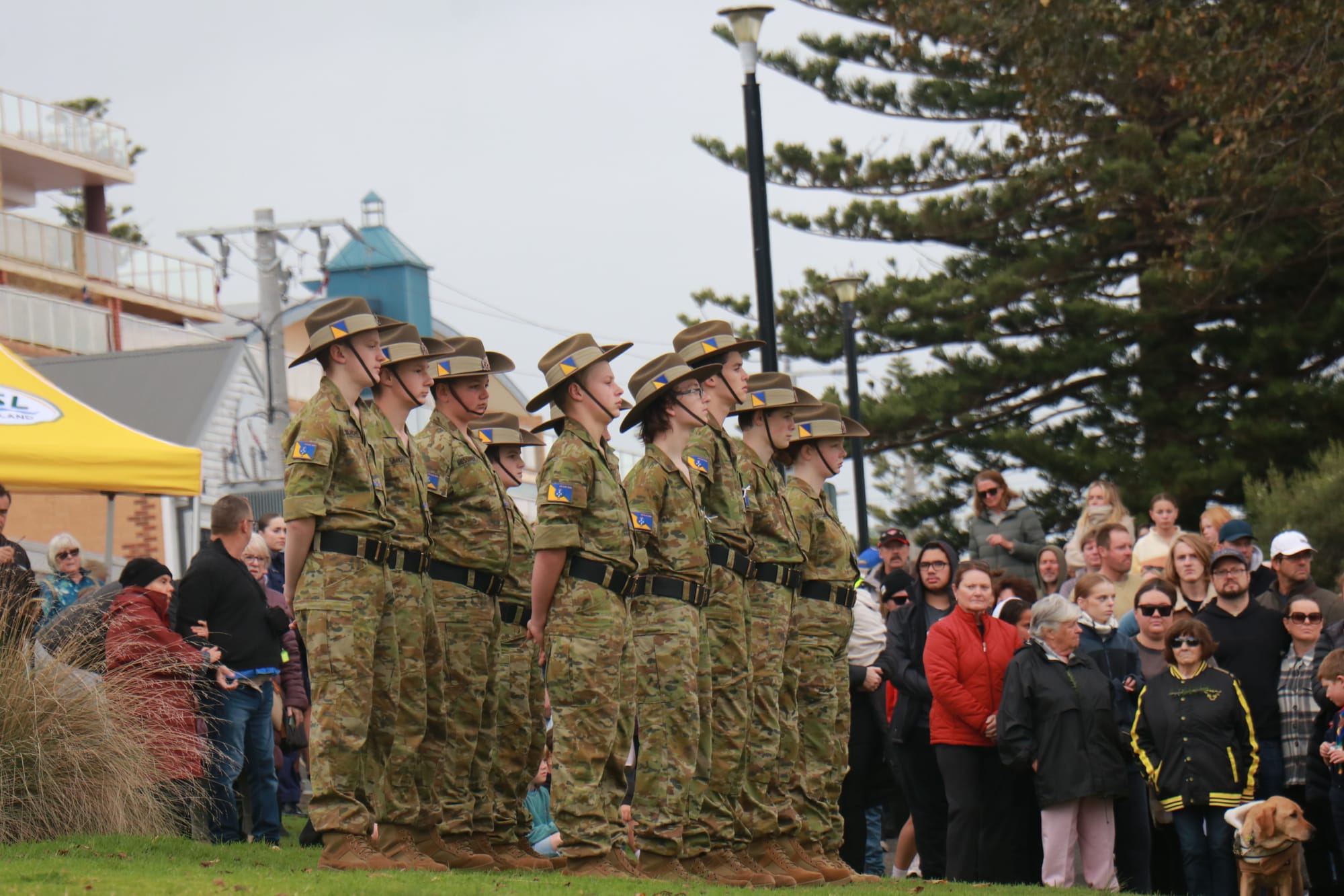 Army cadets stand with honour at the Cowes foreshore for the 109th Anzac Day service. 