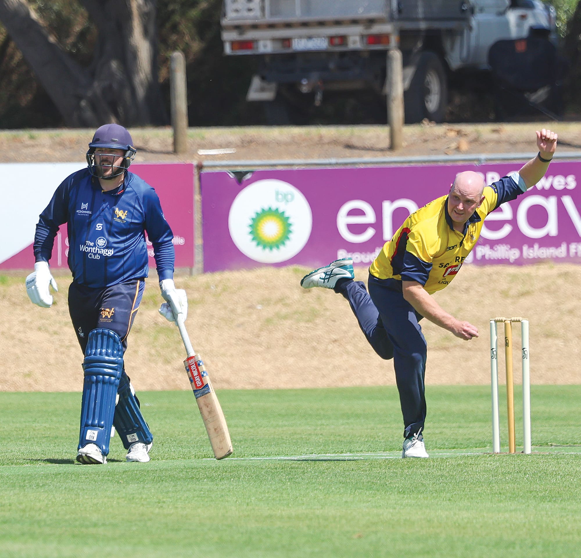 After adding a hard-hitting 34 runs at the end, Phillip Island bowler Max Royal tries unsuccessfully for the early breakthrough against Wonthaggi Club in A1.