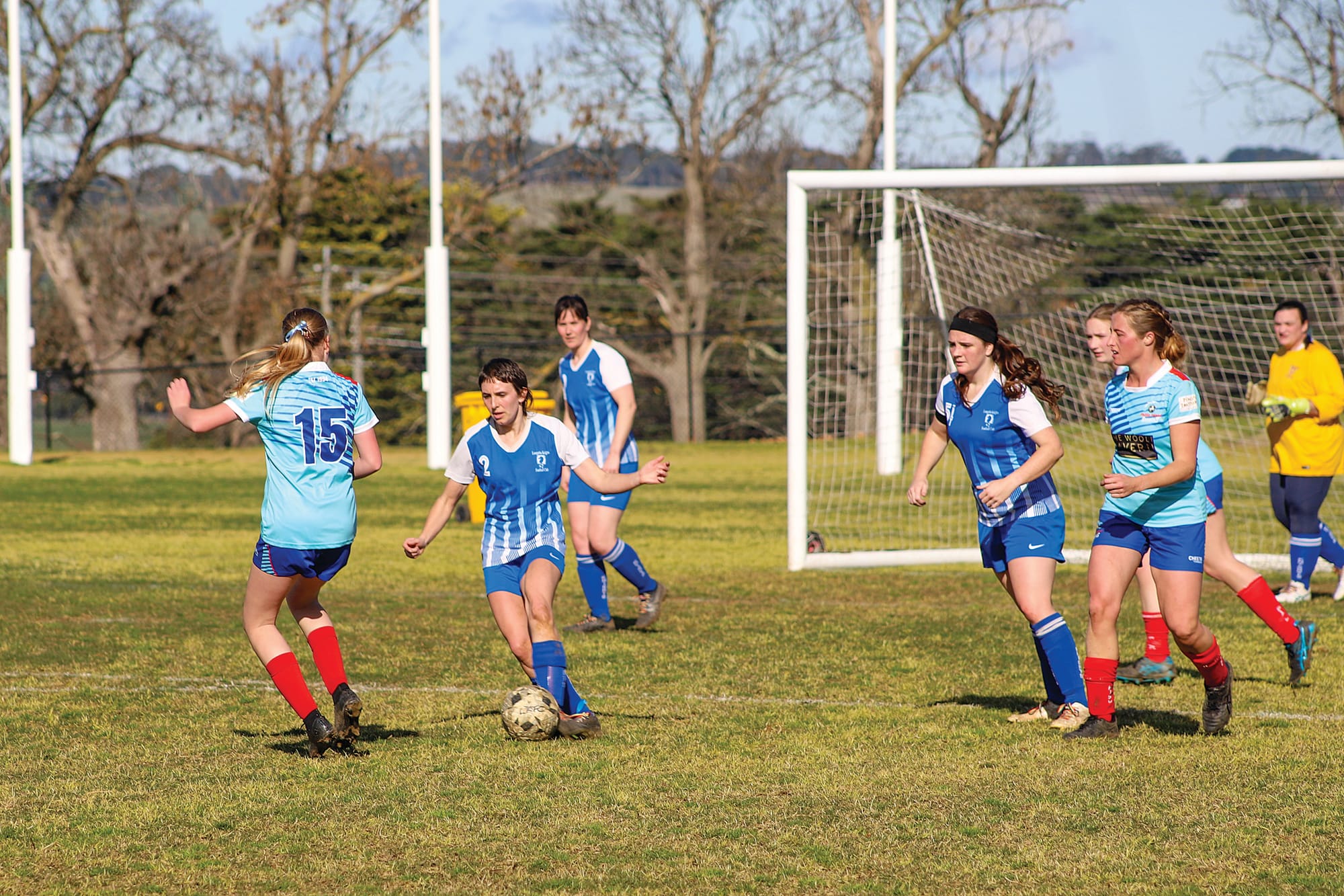 Leongatha’s Naomi confidently moves the ball from the Knights defensive third.