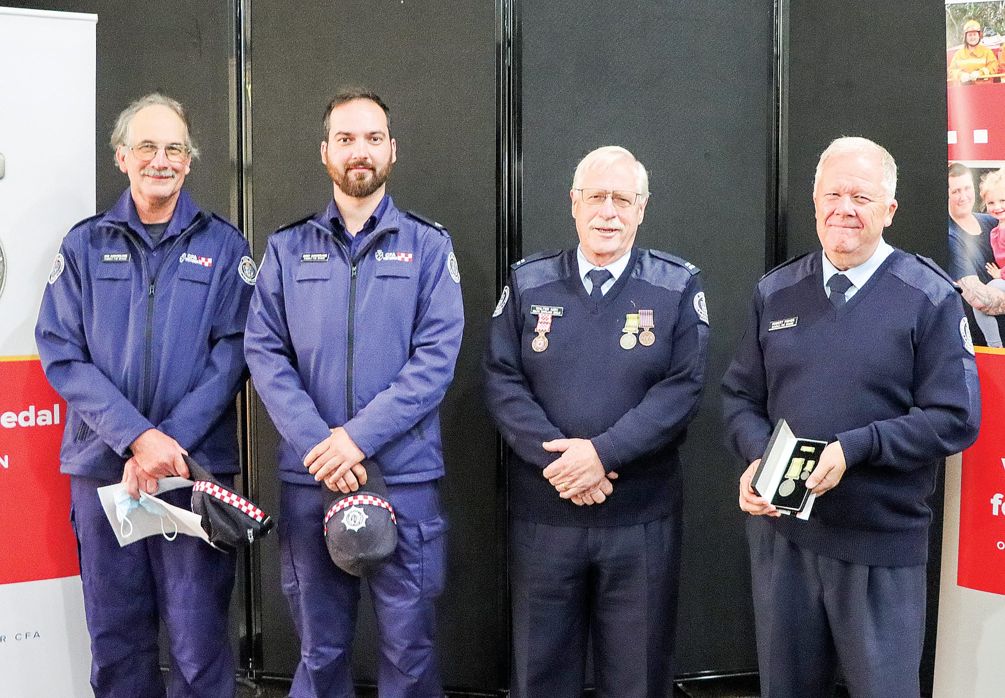 Dumbalk Fire Brigade’s Rob and Barry Auchterlonie, Walter Aich and Robert Fisher.  (Medals were also collected on behalf of Sue Collins, Nicholas Hill, Janet Auchterlonie and Ian Hasty). A18_1623