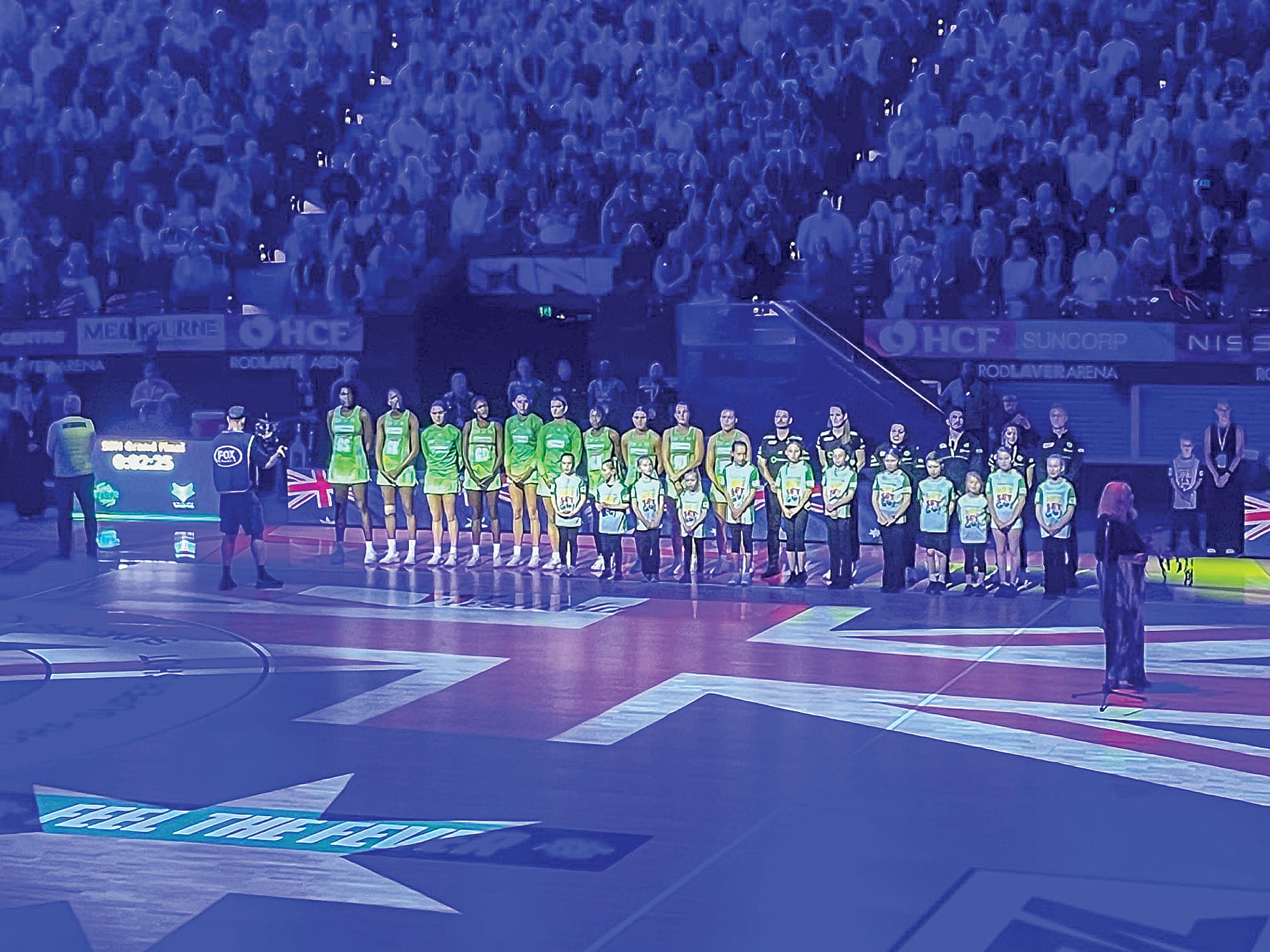 NetSetGoers and U11s from the Stony Creek Football Netball Club performed the National Anthem at the Suncorp Super Netball League grand final.
