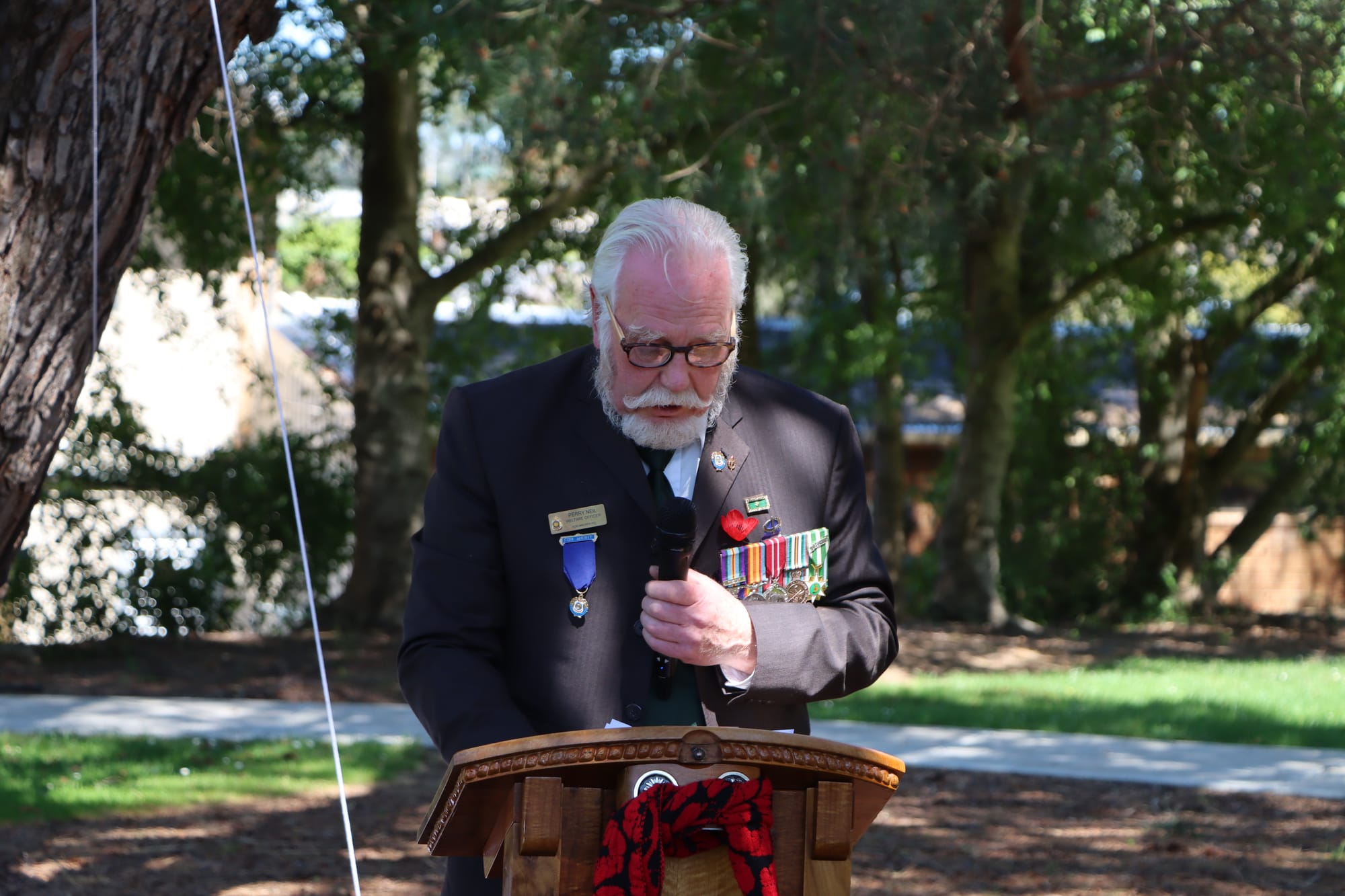 Perry Neil speaks at the unveiling of the Lone Pine plaque in Coleman Park.