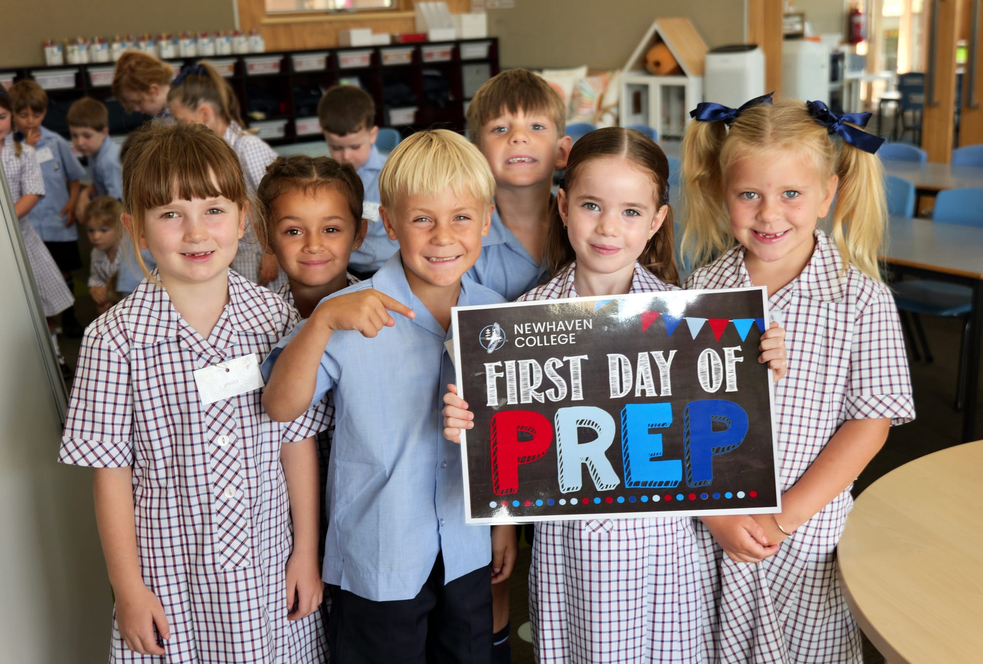 Excited for their first day of Prep at Newhaven College are Jessica Costello, Olive Goessens, Jarvis Dunk, Axel Onley, Georgia Hill and Winter Shepherd