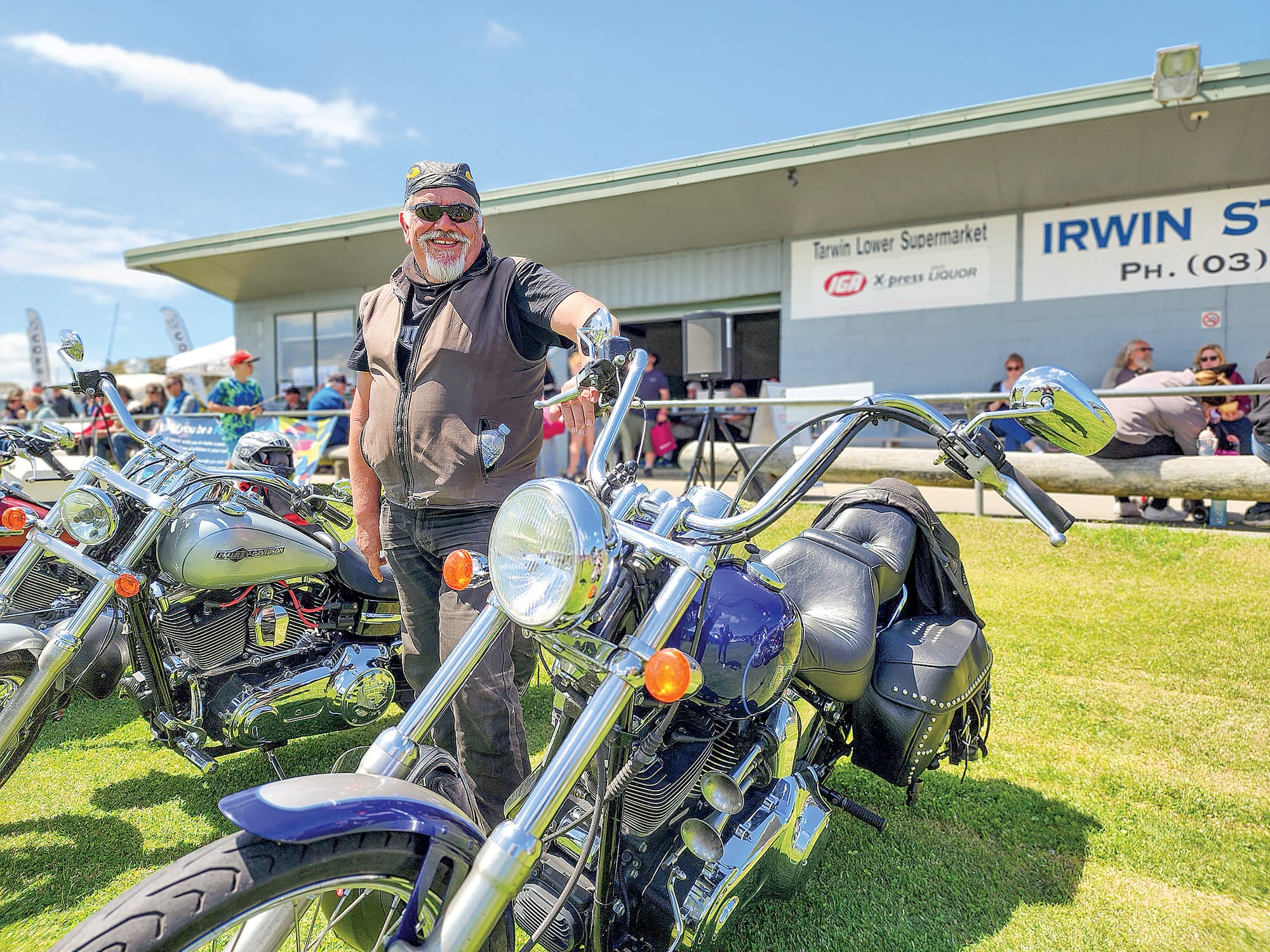 Motorcyclist Lozz with his Harley Soft Tail custom was part of the motorcycle display on Sunday.

