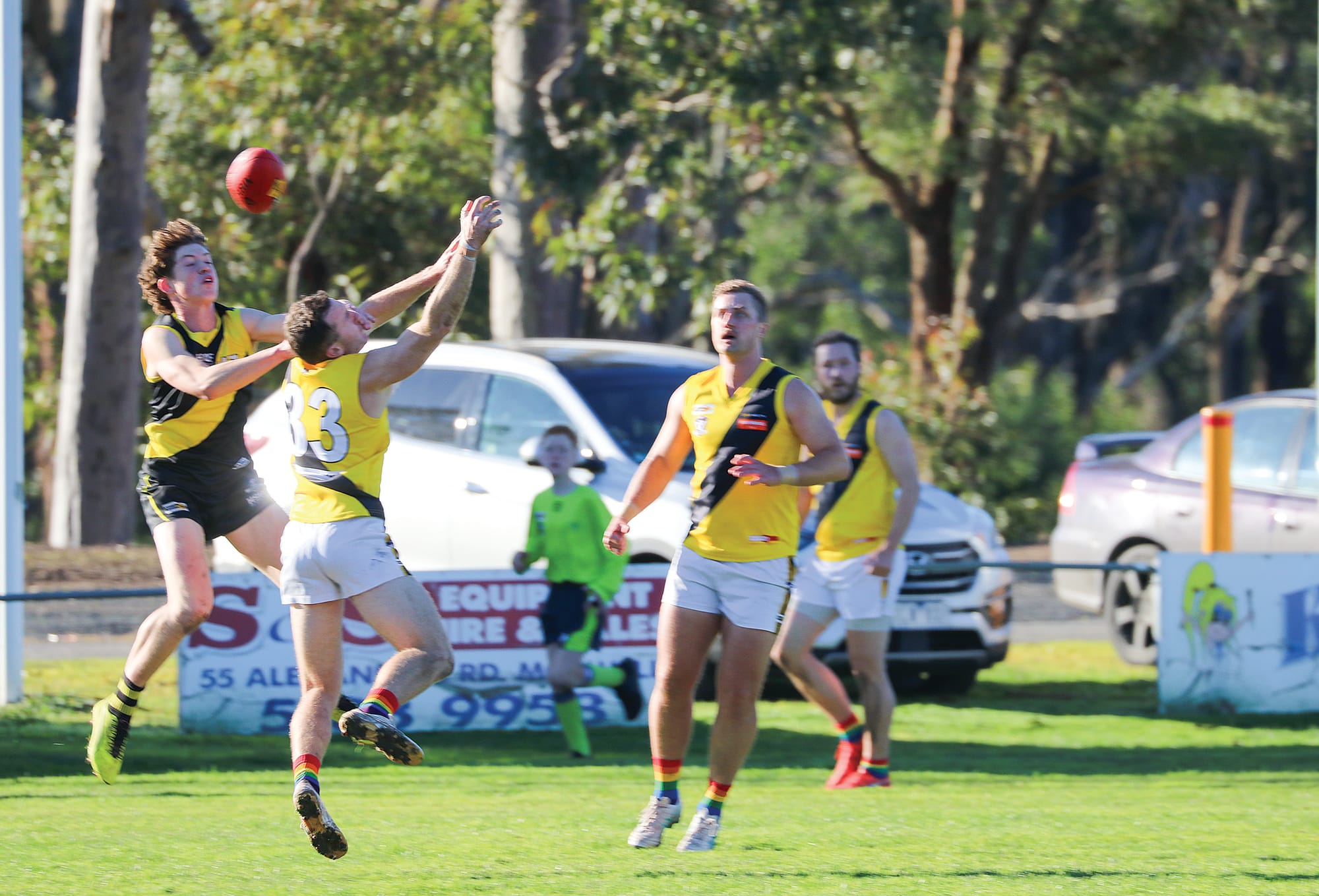 Jake Thornell is the victim of an errant spoil from his Mirboo North opponent. 