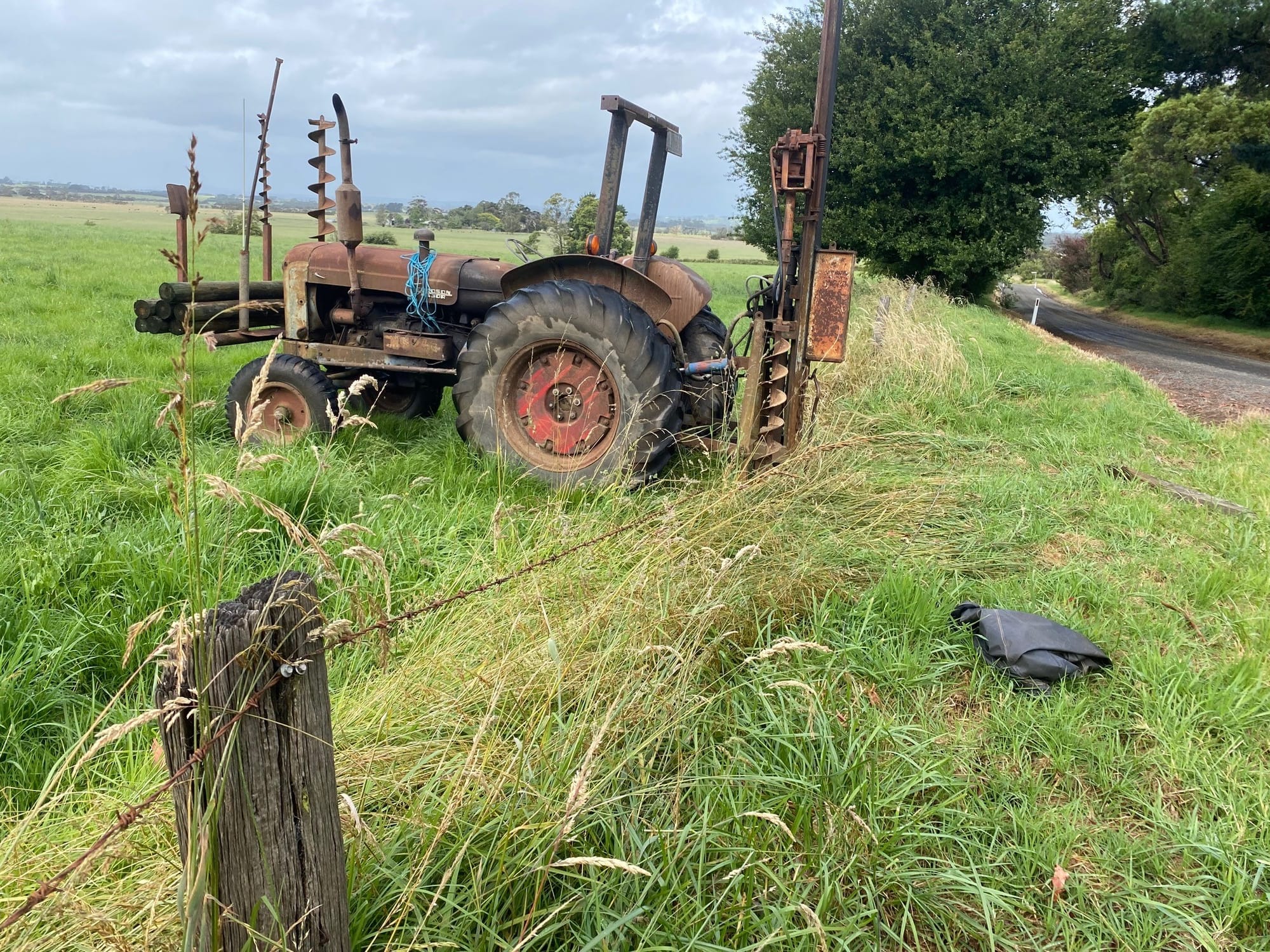 After abandoning two crashed cars at the same Leongatha South location, the offender stole another car at knife point and drove through paddocks and ultimately through this fence to get away. Police are still looking for the out-of-control carjacker.