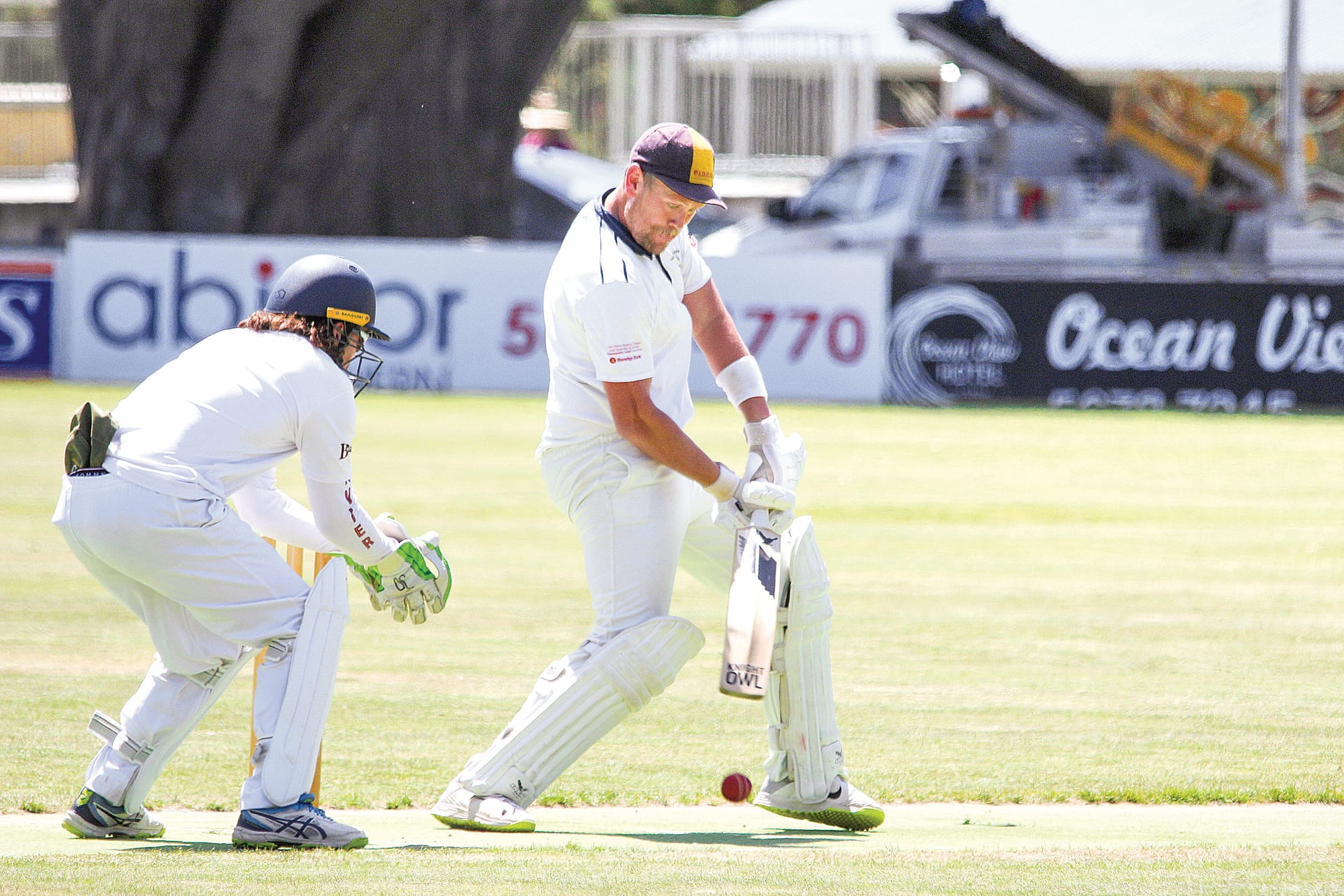 Sharks all-rounder Thomas Keily plays the ball into the deck on Saturday. 