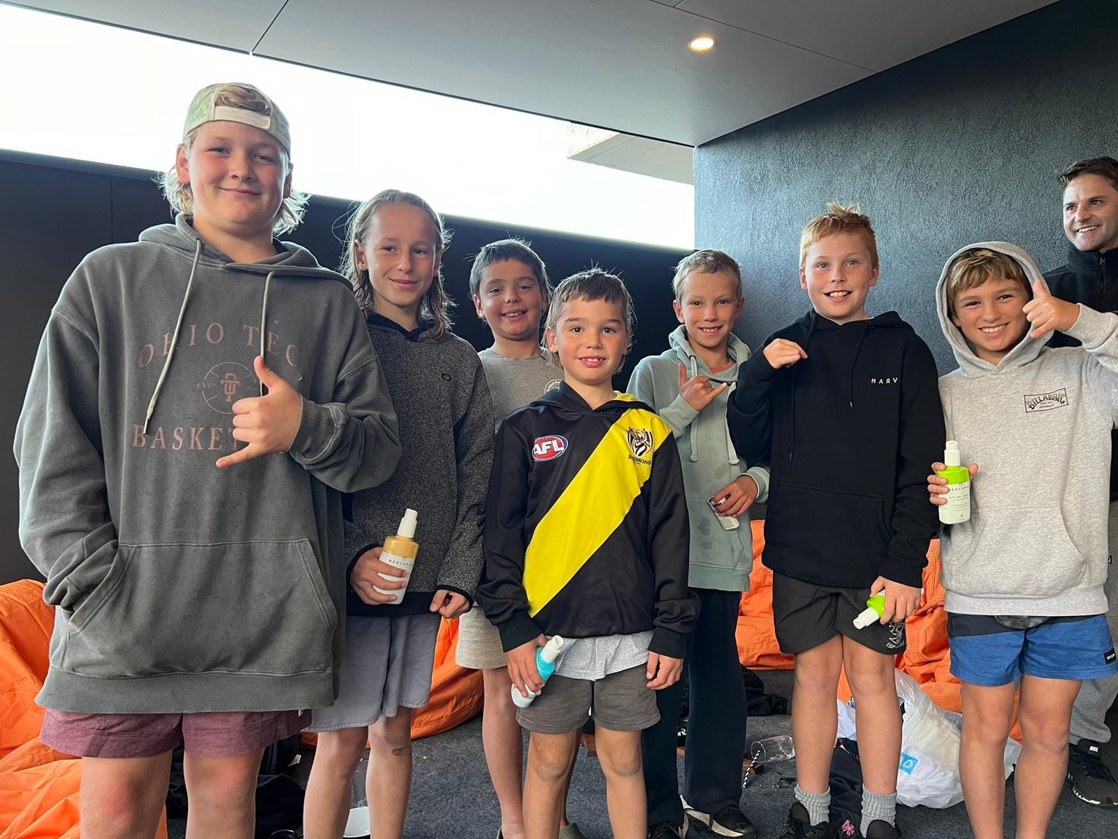 Under 13 surfers Dom Gregory, Angus Farman, Eddie Maier, Rusty Maier, Max Agonostou, and Billy Easton.