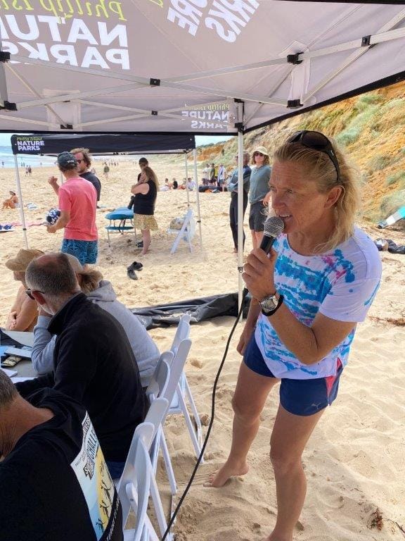 Dannielle Baylis calls the action at Cape Woolamai in the PIBC Teams Challenge.