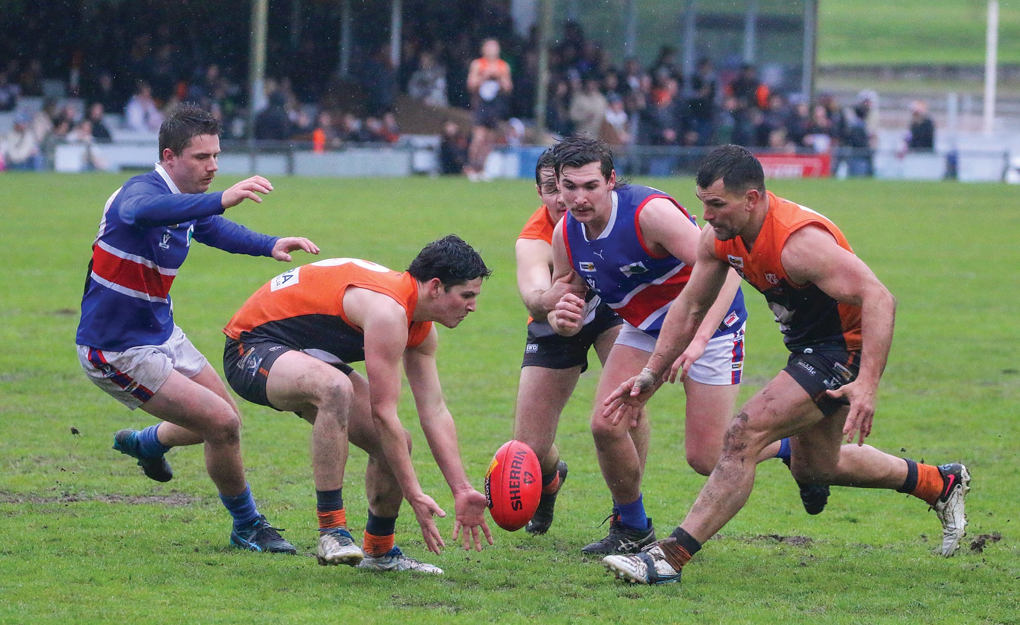 Korumburra-Bena’s Joel Cuman took possession of the ball.
