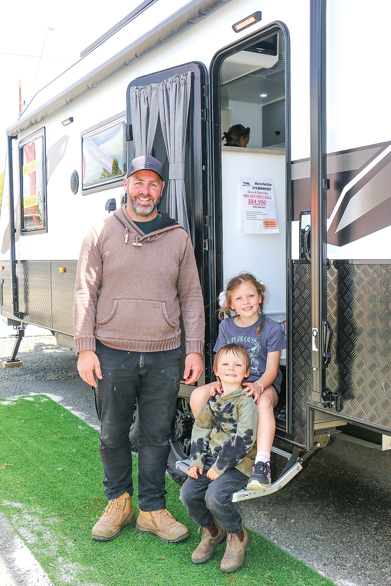 Nick, Alby and Charlie Gardiner were pictured exploring the range of caravans at the grand opening of South Gippsland Caravans and Camping Centre on Saturday.