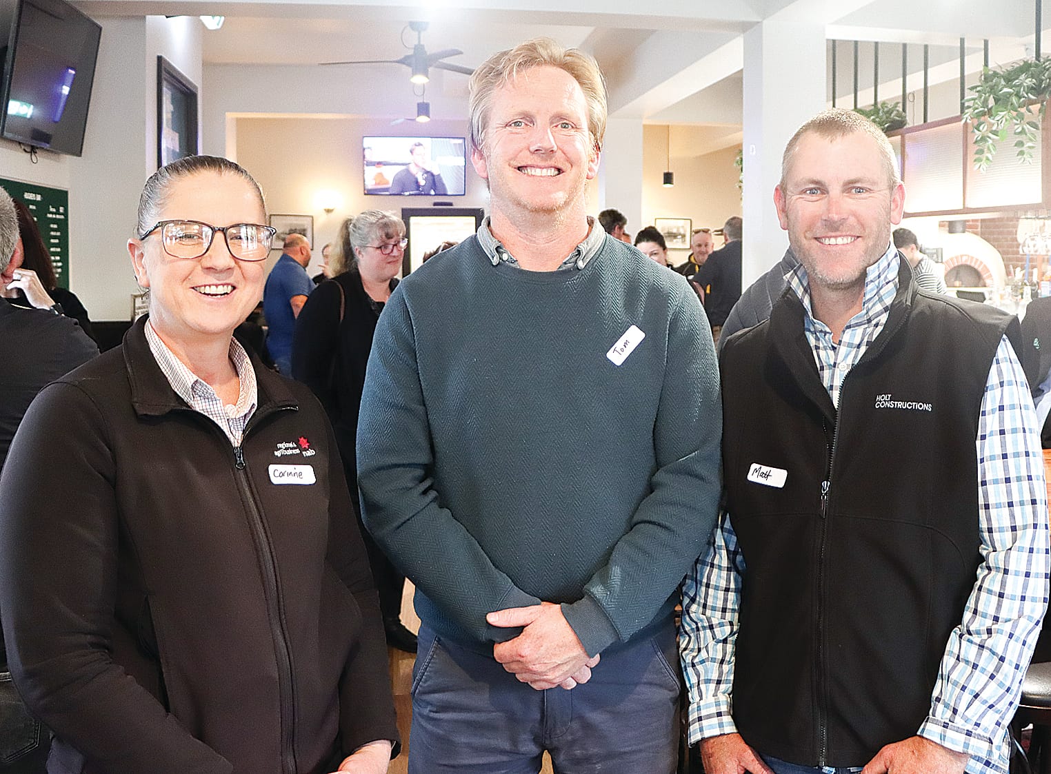 Sponsors of Leongatha Business Association’s Christmas networking evening, Corinne Hoddinott (NAB Leongatha), Tom Williamson (BJS Insurance Brokers), and Matt Holt (Holt Constructions), with Tyrone Zukovskis (South Gippsland Homes) absent. A13_4725