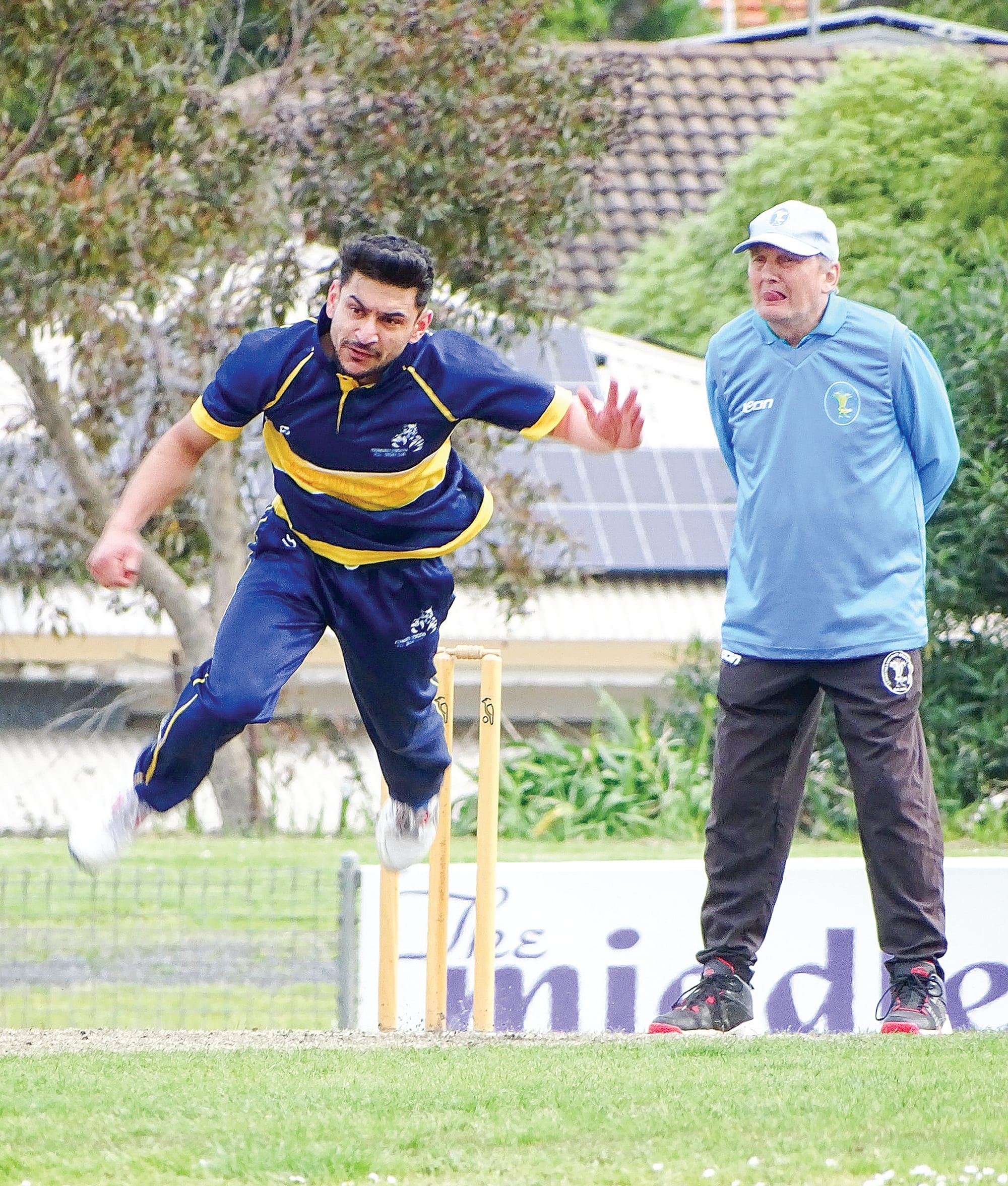 Is it a bird? Is it a plane? No, it’s Azhar! Azhar Mehmood in full flight against Korumburra on Saturday. Photo: Jodie Arnup.
