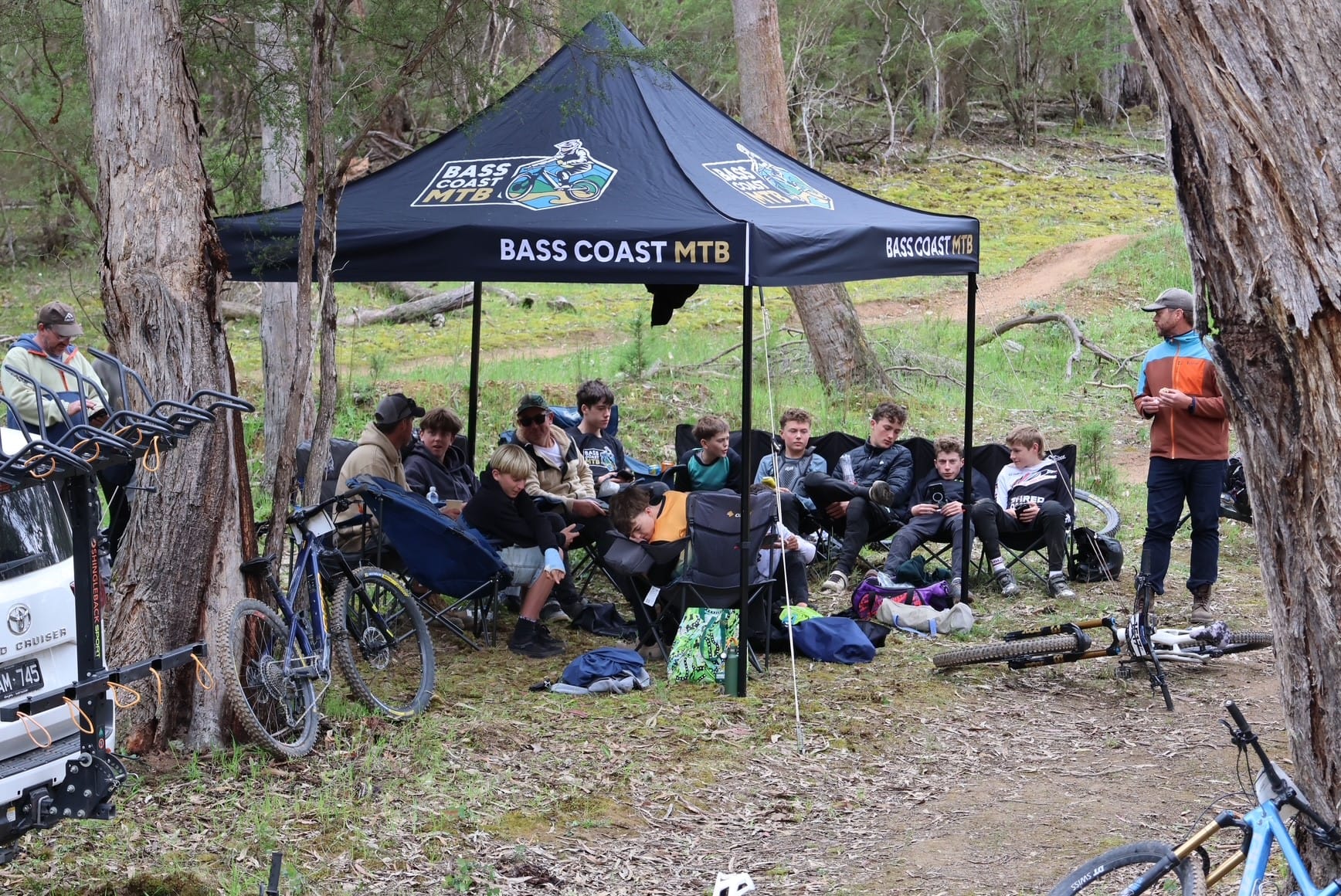 Bass Coast MTB club tent at the final Round of the Joyride Rookie Cup in Eildon. 