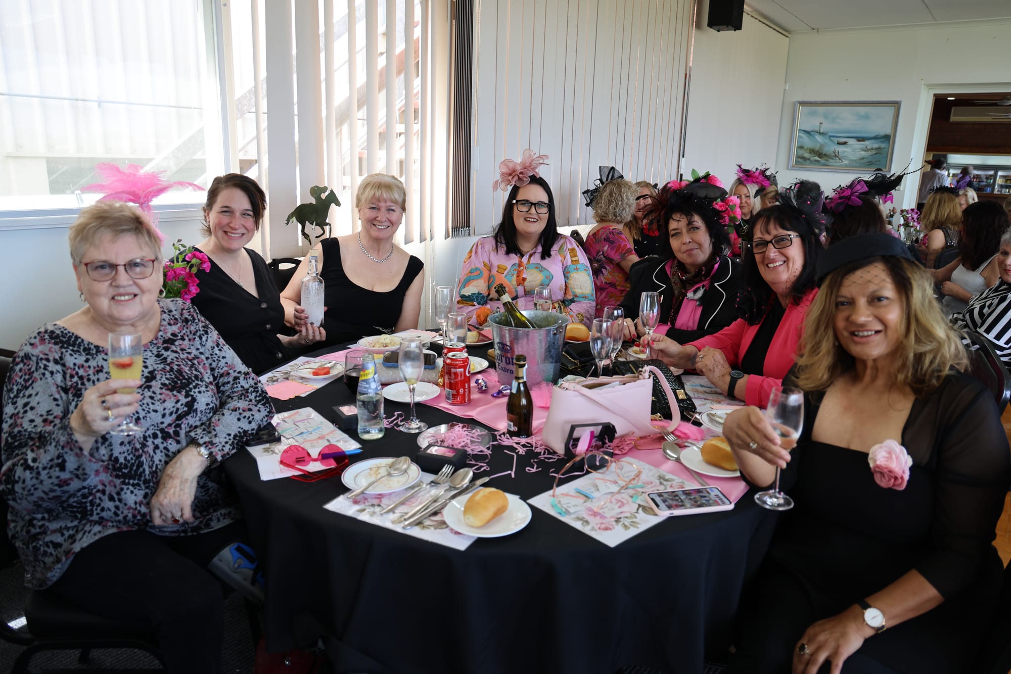 Cr Jan Thompson, Sonja, Elfie, Claire, Yvette, Dee and Rowanne enjoying Oaks Day in San Remo at the Lawn Bowls Club. B22_4525
