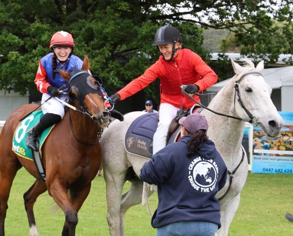 A delighted Jasmine Trenwith brings Acey Deucy back to scale after an unexpected win in exciting style in Race 3 at Woolamai on Saturday.
