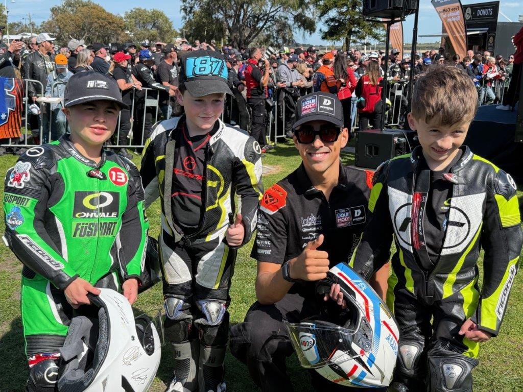 UP and coming Aussie Moto2 rider Senna Agius rides for the Liqui Moly Dynavolt team having achieved his first Moto2 victory in the British Grand Prix in May 2025. Meeting with young GP enthusiasts James, Thomas and Xavier from Melbourne.